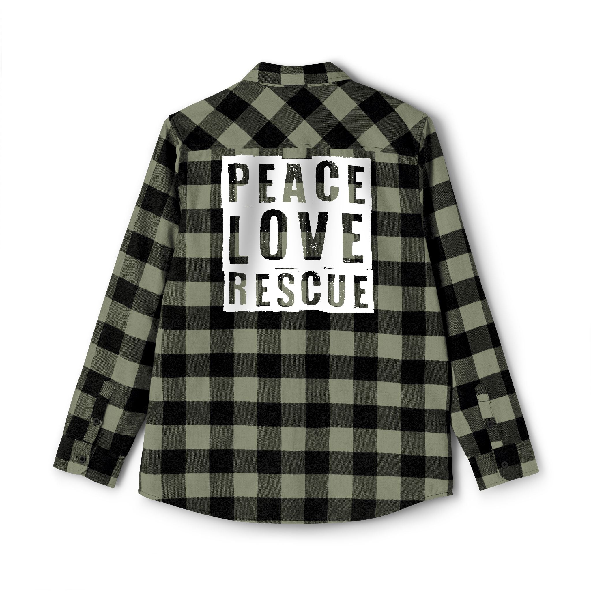 Back view of a olive and black 'Peace, Love, Rescue' Flannel Shirt, with the phrase 'Peace, Love, Rescue' printed in bold across the back.
