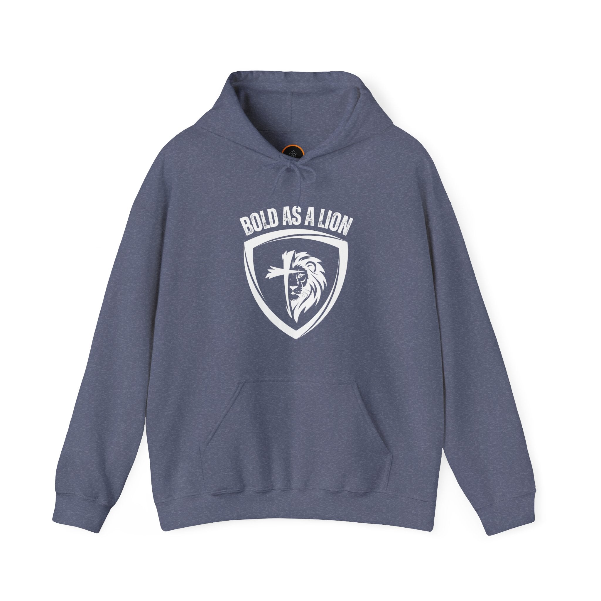 Bold As A Lion Hoodie: The hoodie features a graphic with half of a lion's face merging into half of a cross within a shield outline. The text "bold as a lion" is printed above the graphic.