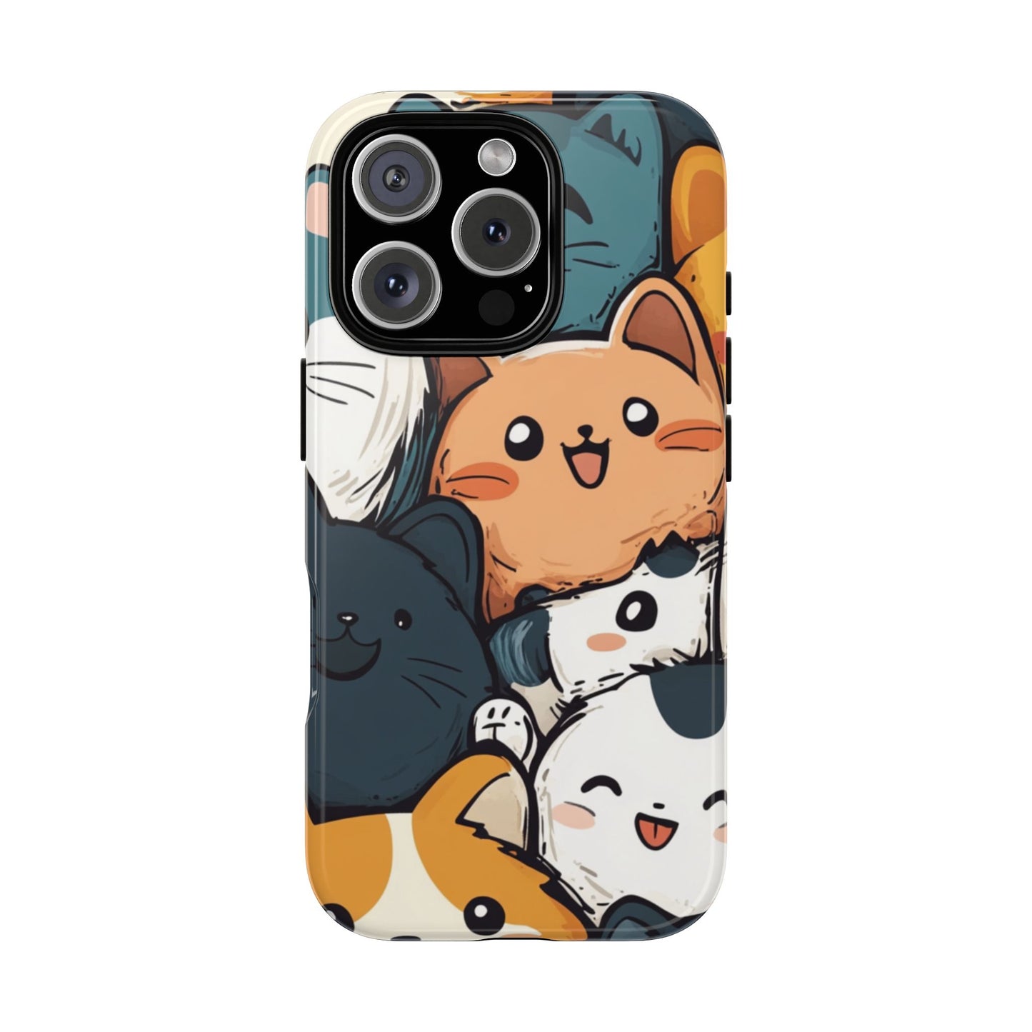 Multi-colored phone case with clustered, smiling Kawaii-style cat faces.