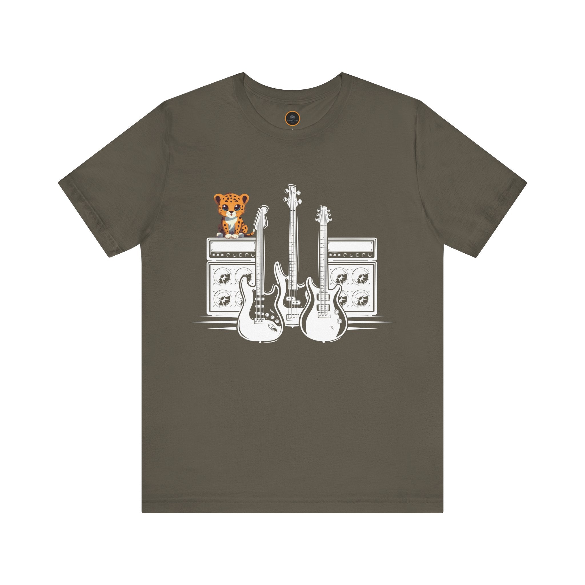 Cute baby leopard sitting on guitar amps with guitars - Riff Master music lover t-shirt design