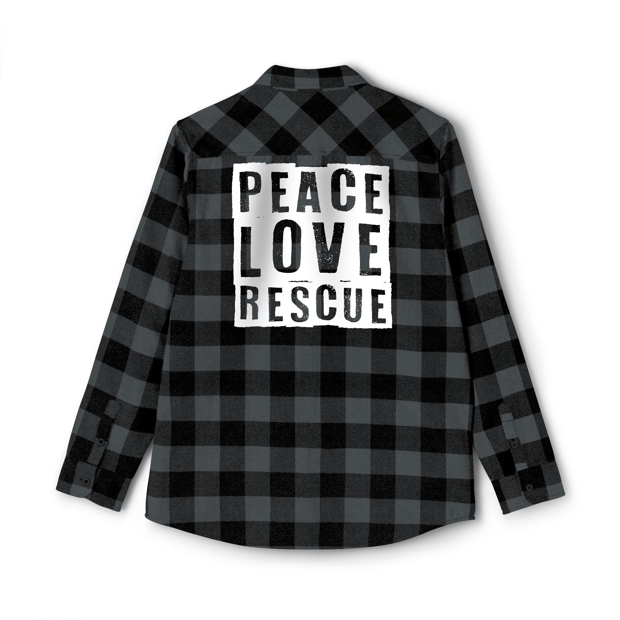 Back view of a charcoal heather and black 'Peace, Love, Rescue' Flannel Shirt, with the phrase 'Peace, Love, Rescue' printed in bold across the back.