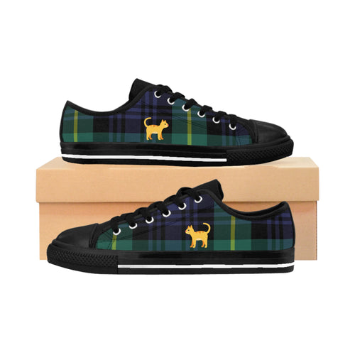 Women's Alley Cat Kicks low top sneakers: green plaid all-over print, yellow cat graphic on side.