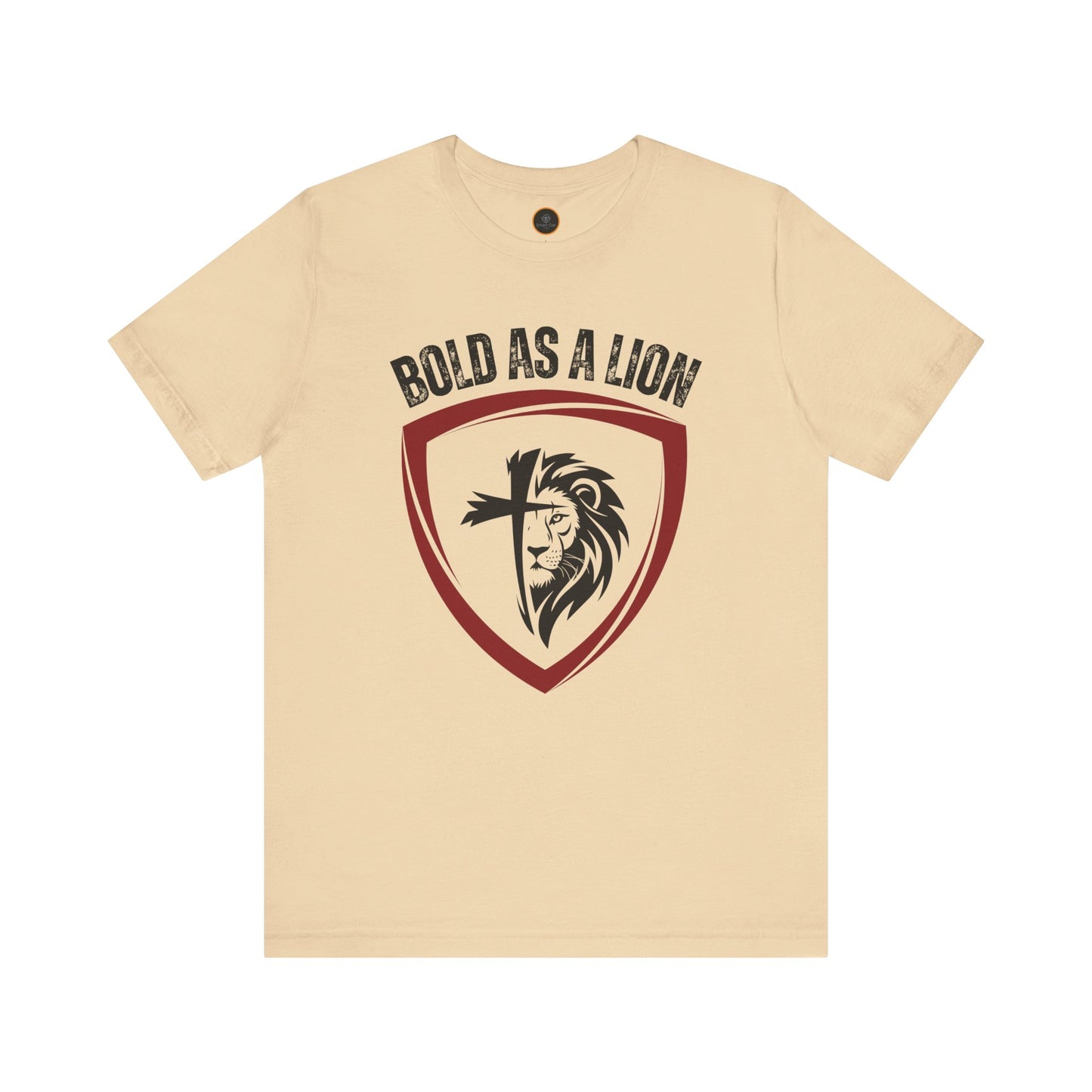 The Bold As A Lion t-shirt: Featuring a graphic with half of a lion's face merging into half of a cross within a shield outline. The text "bold as a lion" is printed above the graphic.