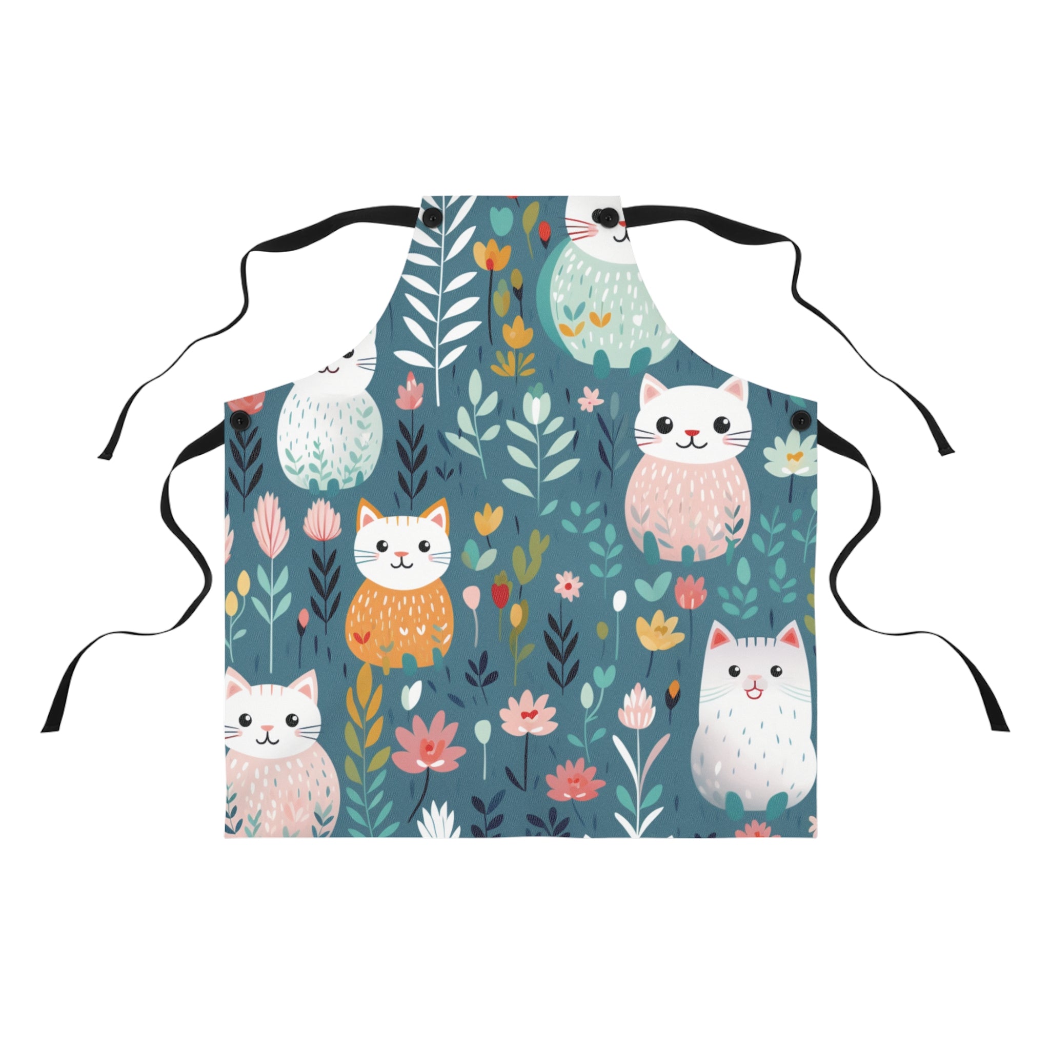 Image of the teal Flower Kitty apron with a graphic of smiling cats surrounded by flowers.