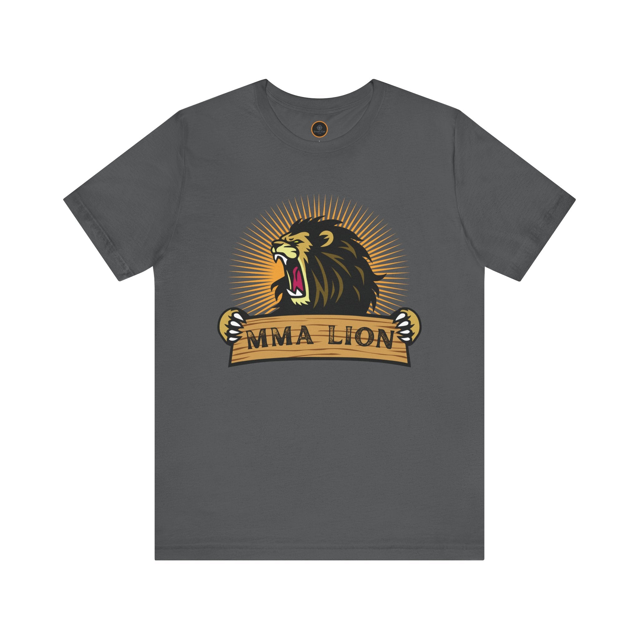 MMA Lion T-shirt: Features a graphic of a powerful, radiant, male lion roaring while appearing to stretch a wooden plank with "MMA Lion" written on it.