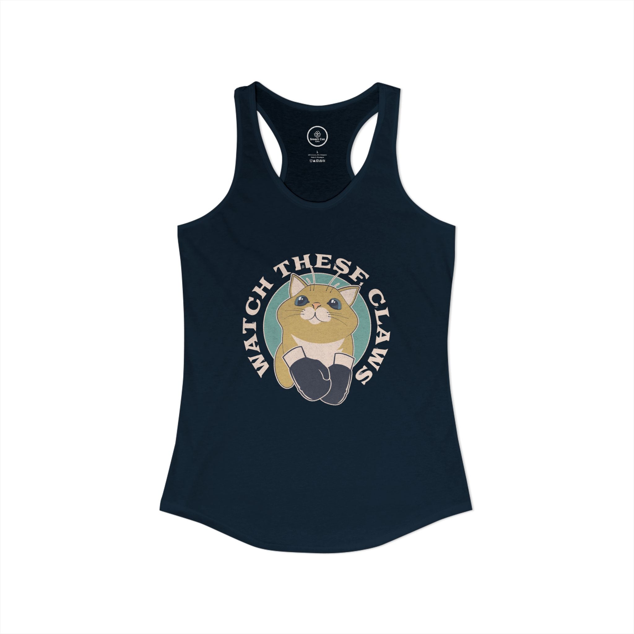 Navy tank top with a cat graphic and 'Watch These Claws' text.
