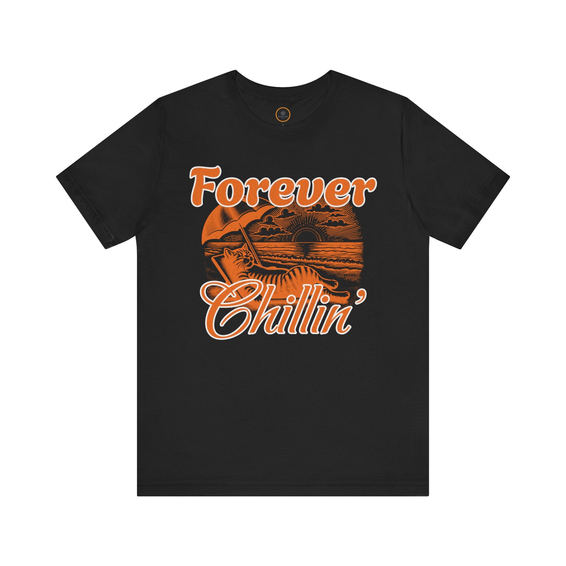 A graphic on the "Forever Chillin'" T-shirt shows a relaxed cat lounging in a beach chair on a sandy beach, with ocean waves and a setting sun visible in the background.