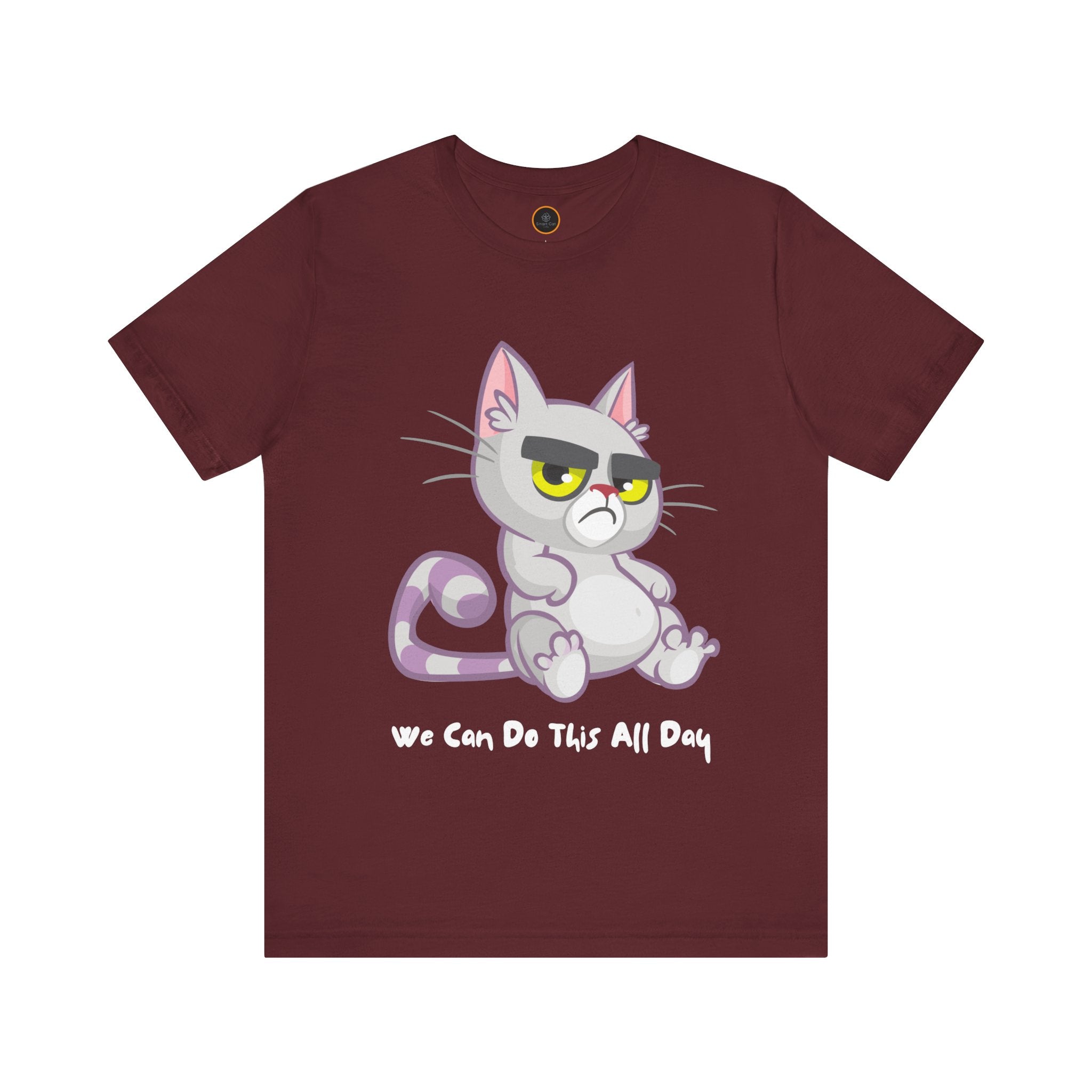 Graphic of a light purple, grumpy cat with big eyes and bushy eyebrows. The text below reads "We can do this all day" .