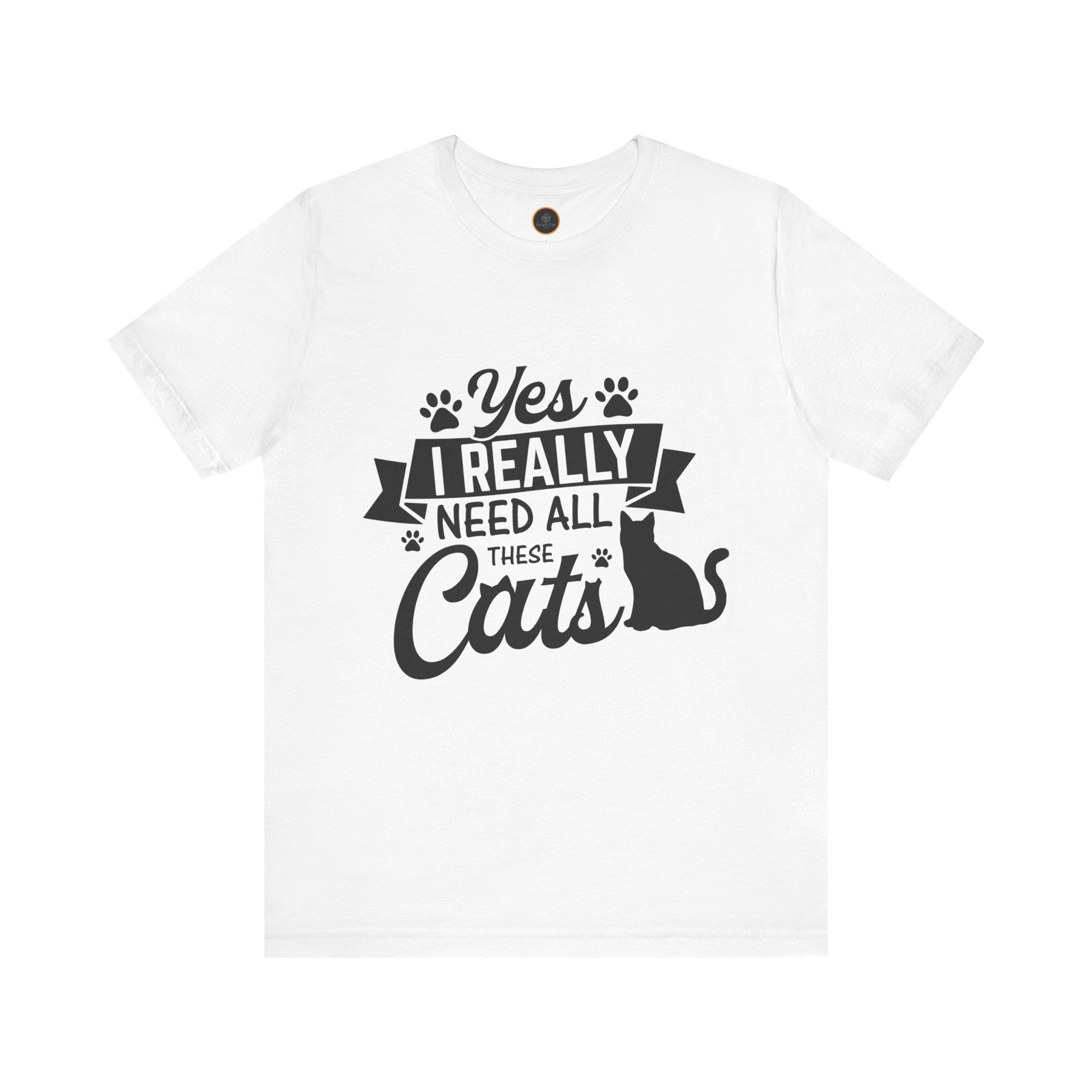  Crew neck t-shirt with a cat graphic, paw graphics and the text 'Yes I Really Need All These Cats' printed on the front.