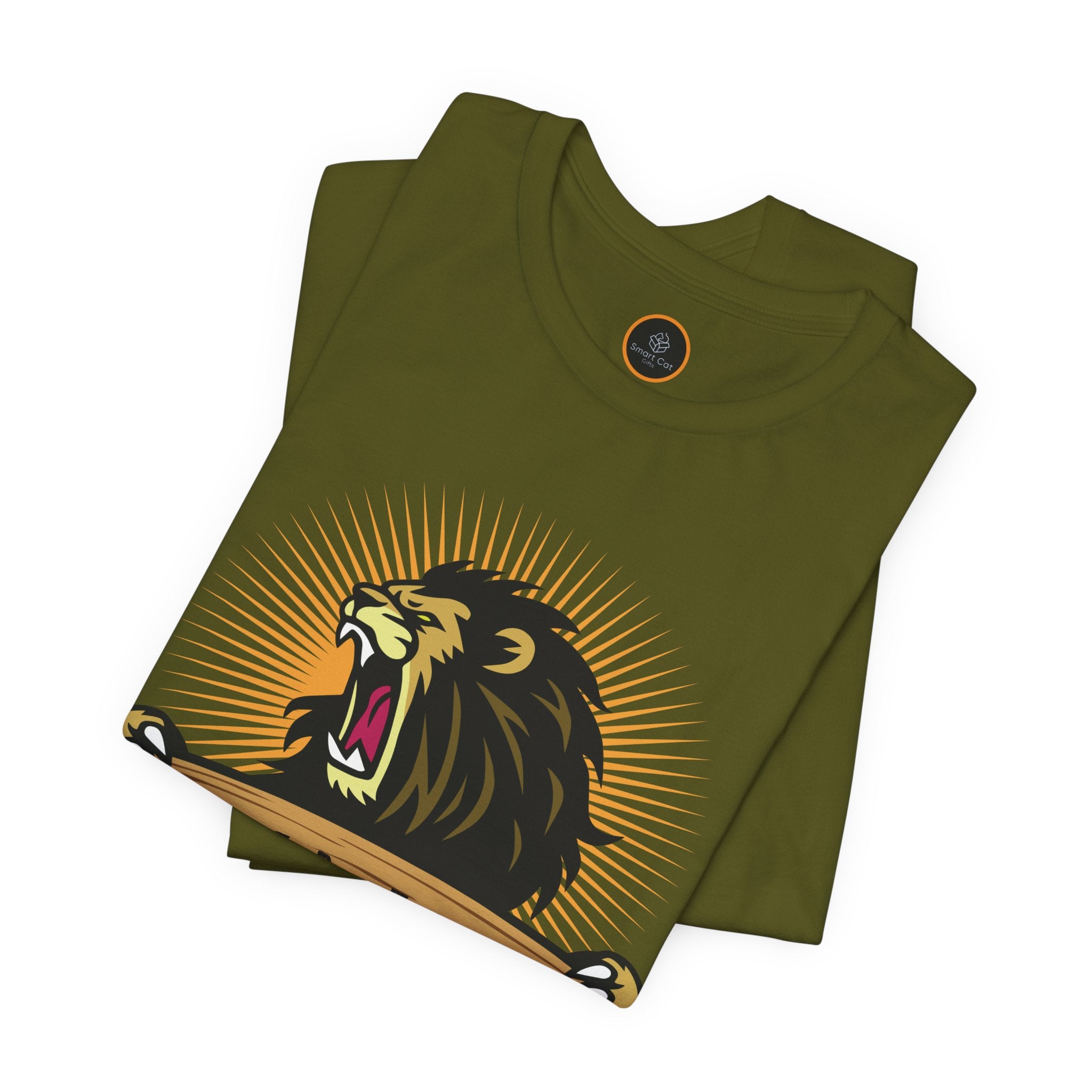 MMA Lion T-shirt: Features a graphic of a powerful, radiant, male lion roaring while appearing to stretch a wooden plank with "MMA Lion" written on it.