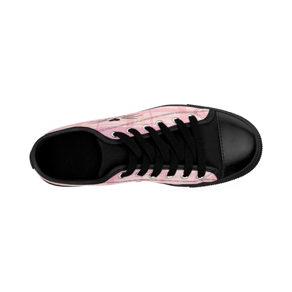 Top view of the Mister Whiskers women's sneakers: pink plaid all-over print, graphic of cat's whiskers on the side.