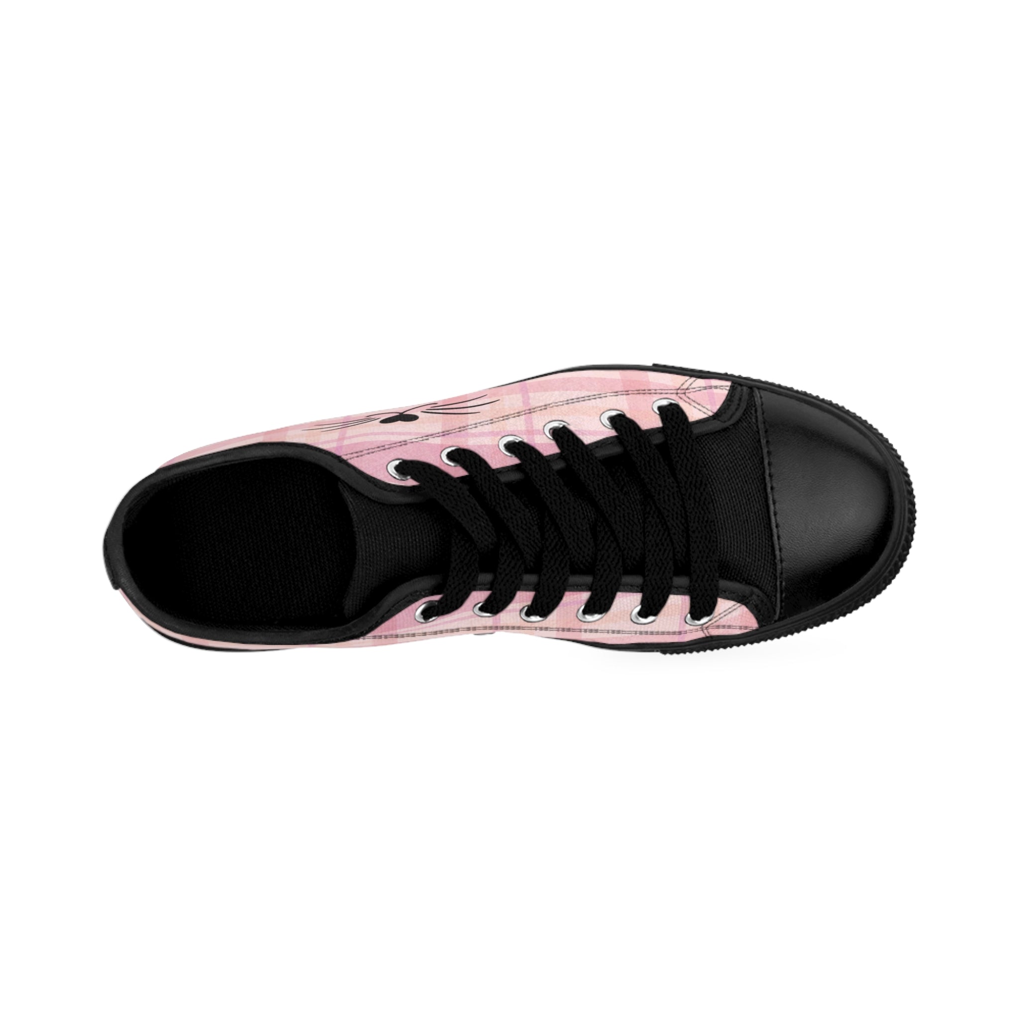 Top view of the Mister Whiskers women's sneakers: pink plaid all-over print, graphic of cat's whiskers on the side.