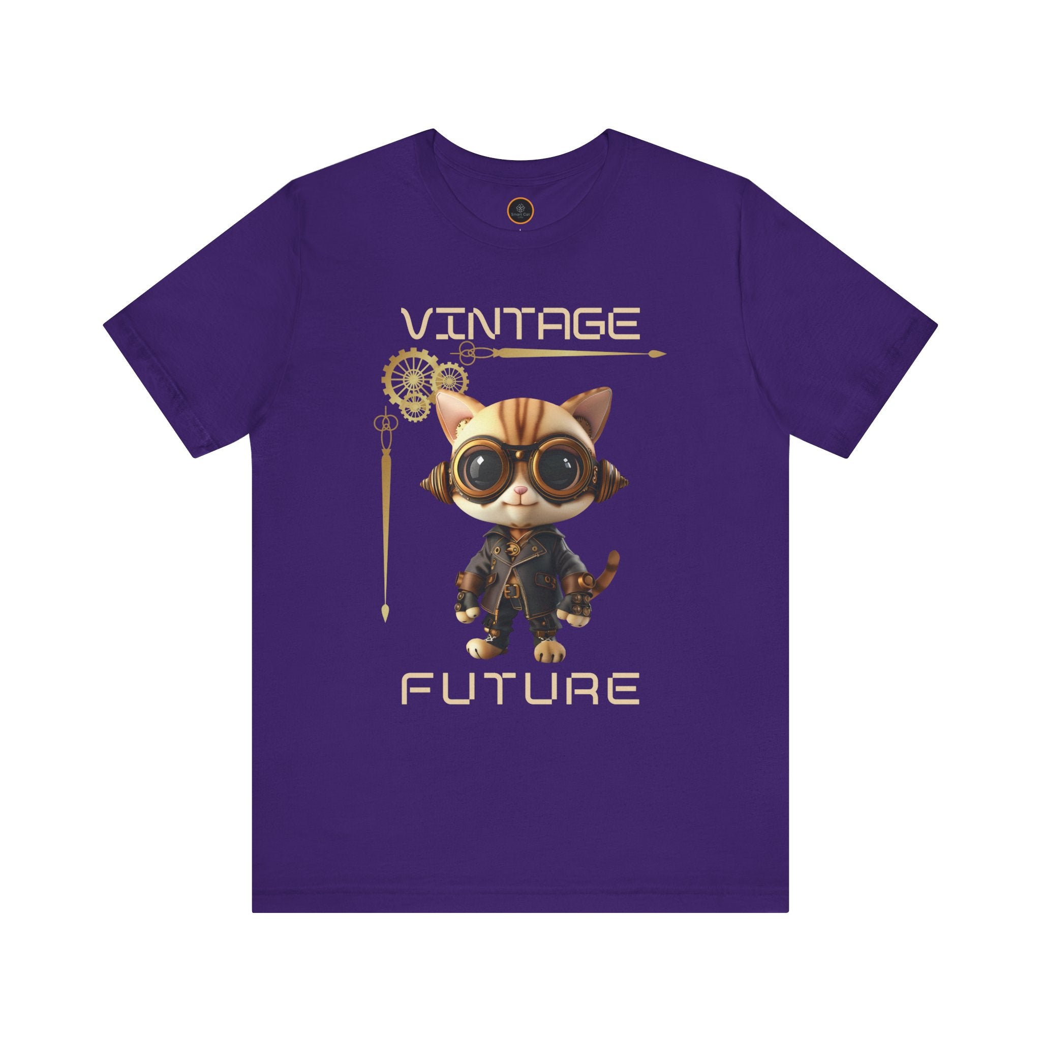 A graphic of a steampunk cat with goggles, half-framed by a border of gears. The word "Vintage" is written above the graphic, and "Future" is written below it.