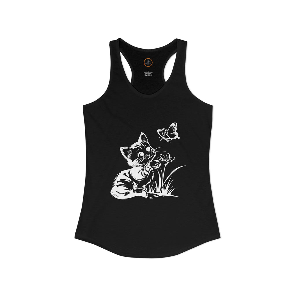 Black Butterfly Kitty Women's Racerback Tank Top — white line art kitten reaching for a butterfly.
