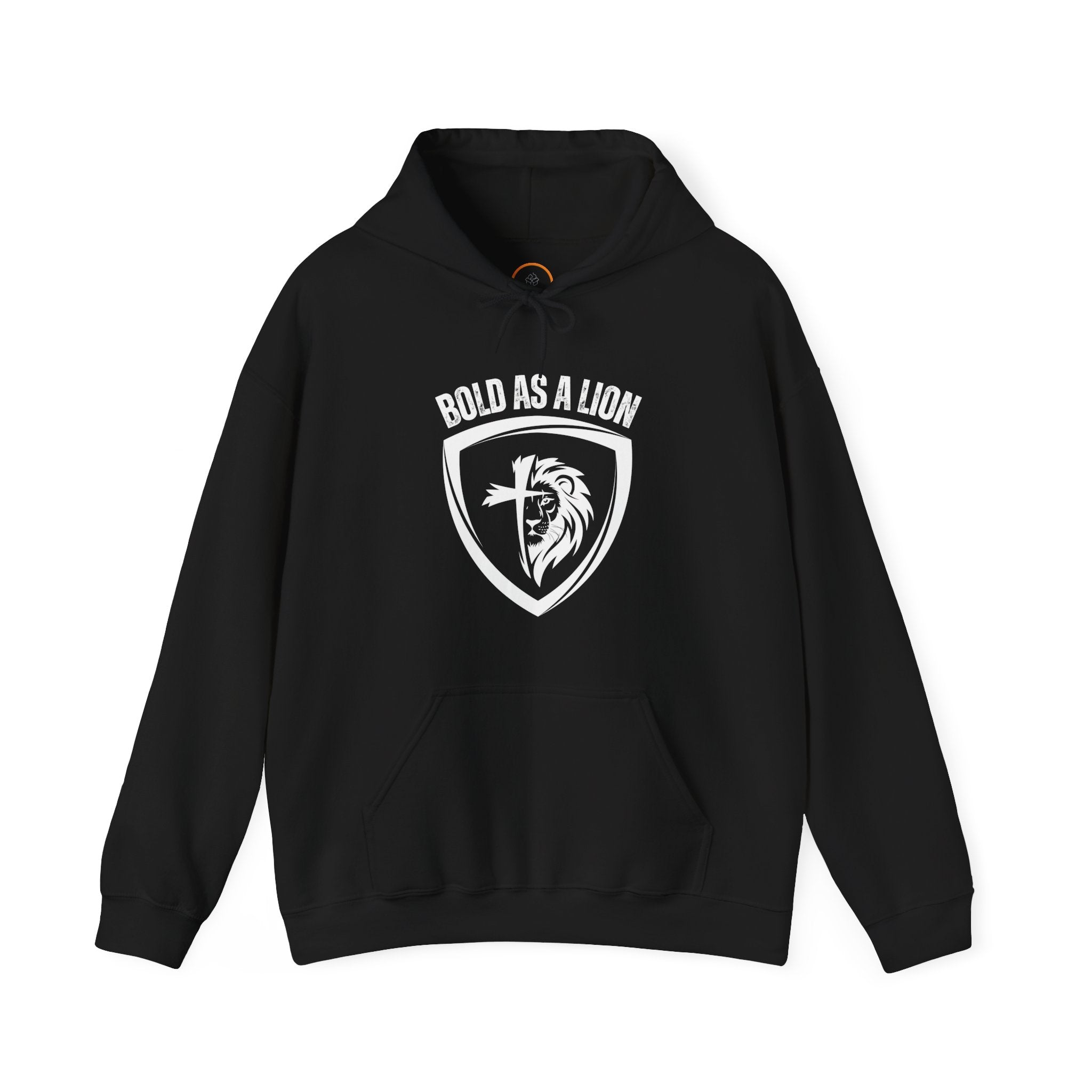  Bold As A Lion Hoodie: The hoodie features a graphic with half of a lion's face merging into half of a cross within a shield outline. The text "bold as a lion" is printed above the graphic.