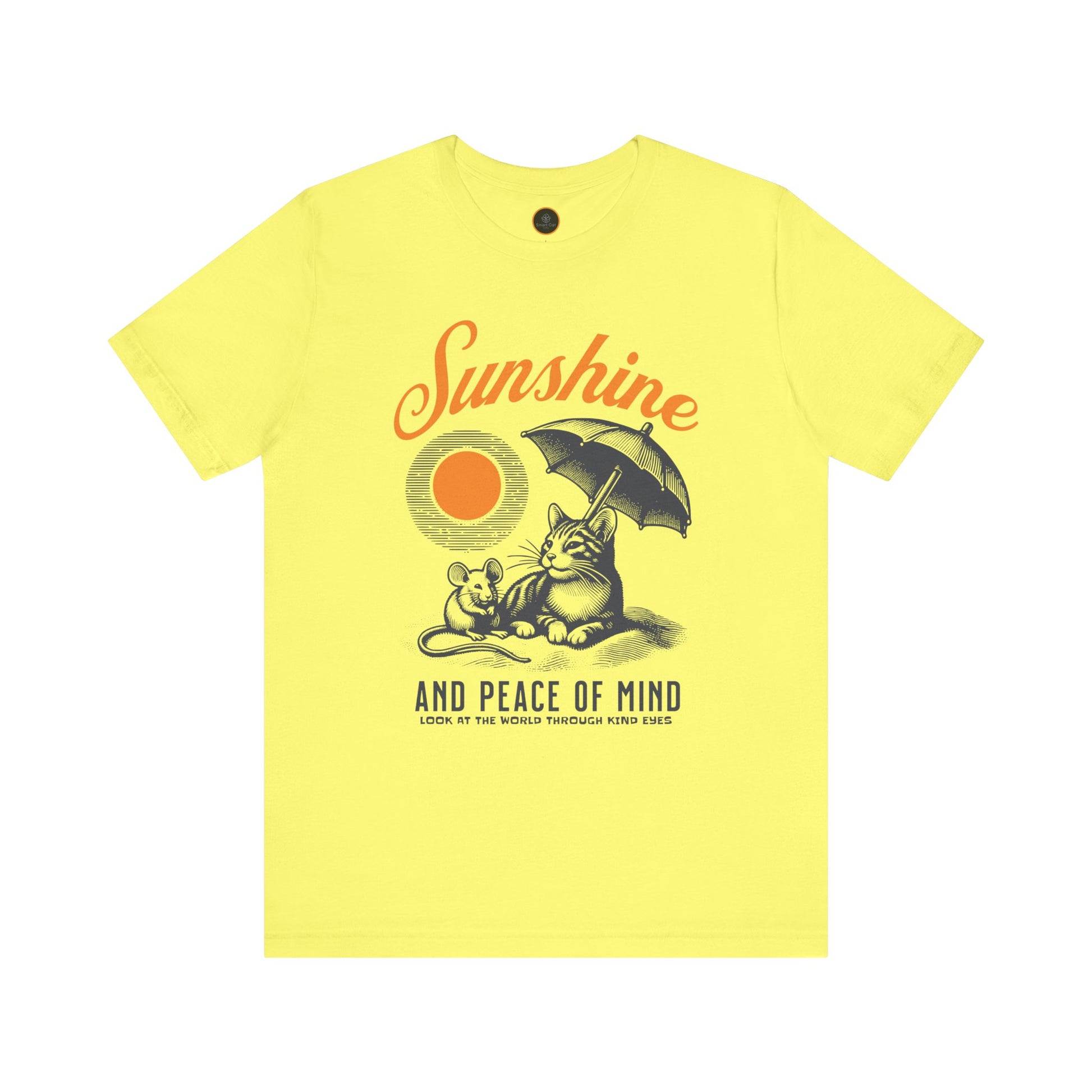The "Sunshine and Peace of Mind" T-shirt. Featuringa graphic of a cat and mouse sharing shade under a sunny beach umbrella.