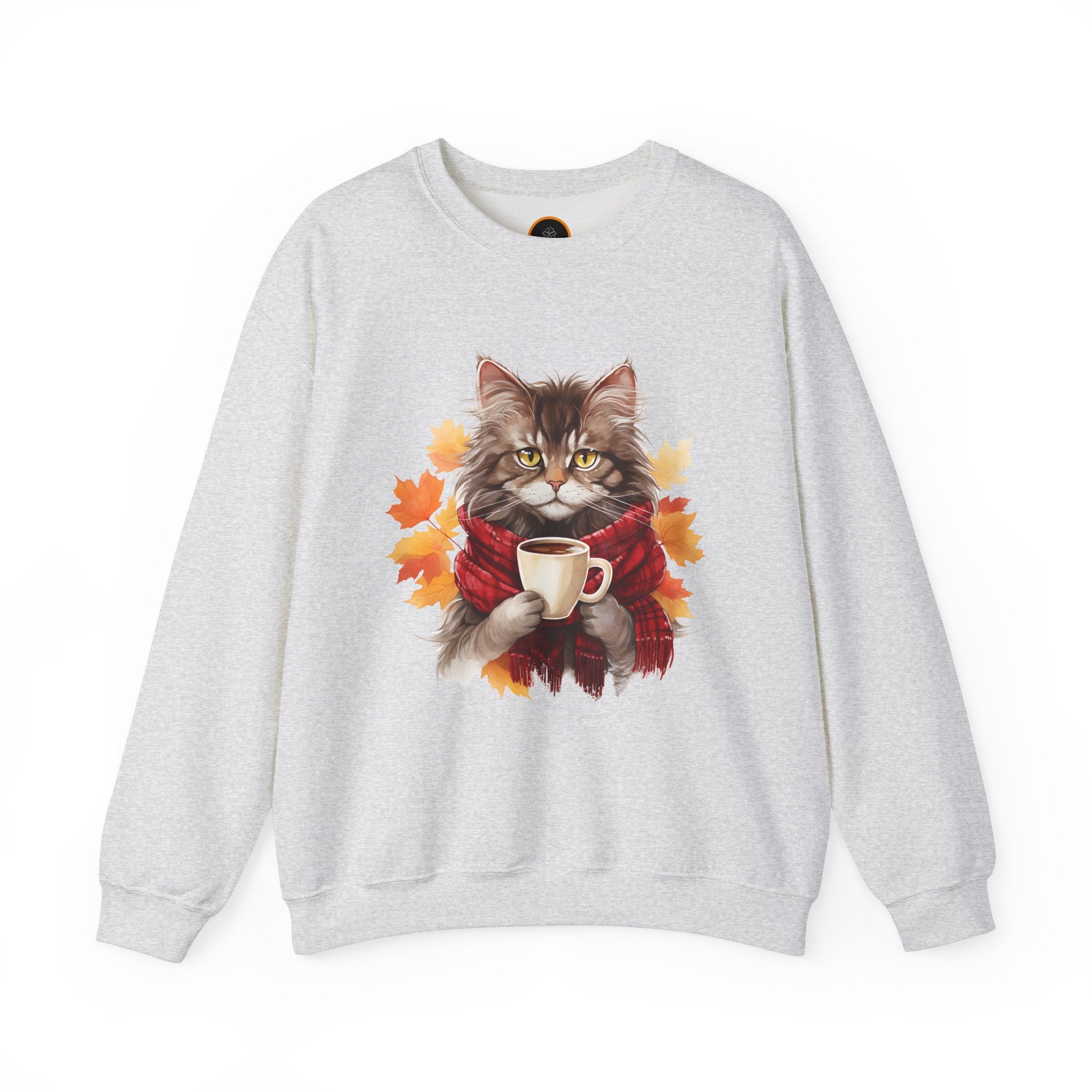 Autumn Kitty Crewneck Sweatshirt image: A cat graphic wearing a scarf and holding a hot drink, positioned within a design of fall leaves.