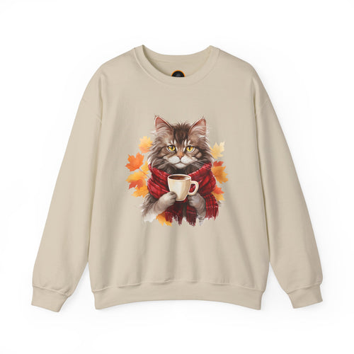 Autumn Kitty Crewneck Sweatshirt image: A cat graphic wearing a scarf and holding a hot drink, positioned within a design of fall leaves.