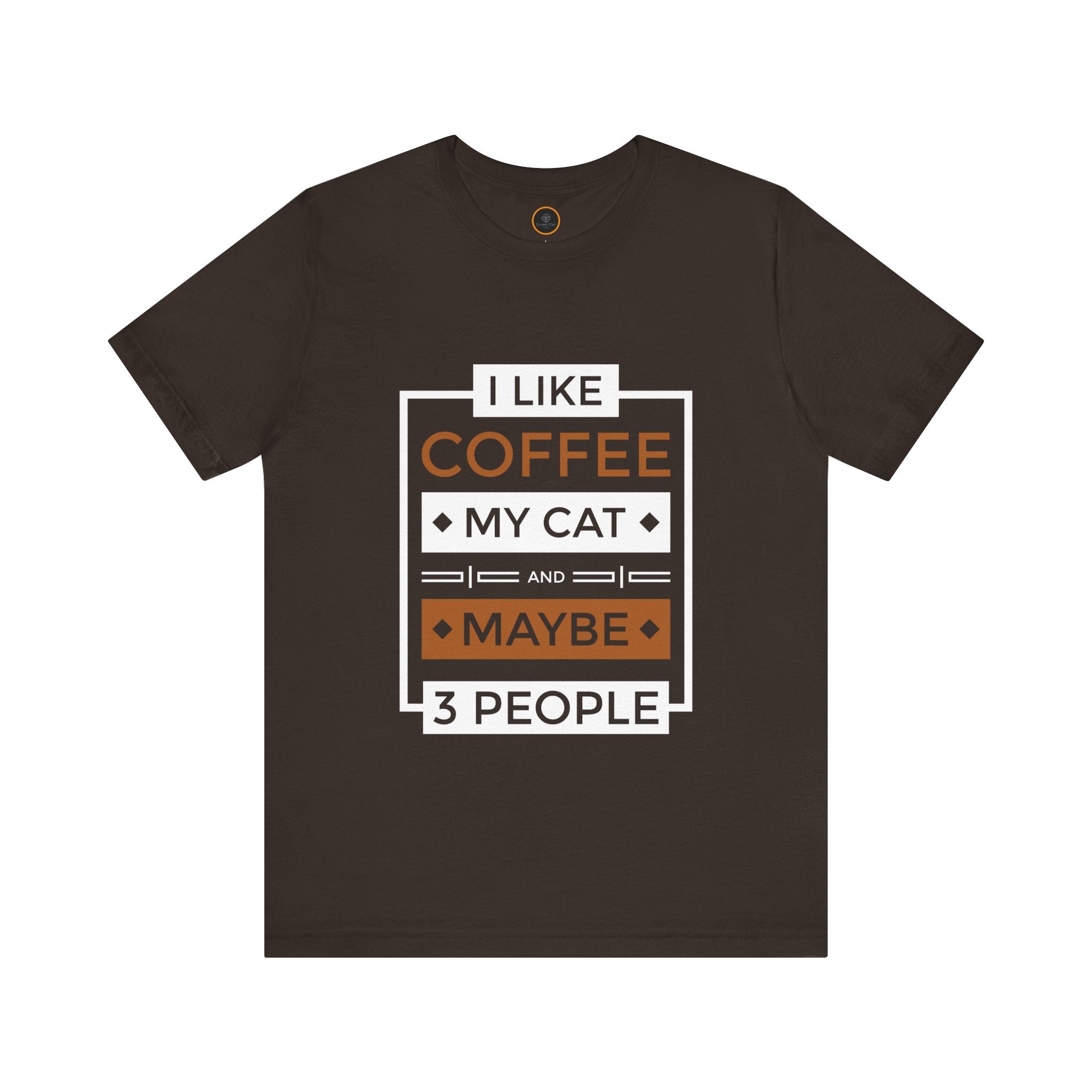 T-shirt with a text graphic on the front that reads "I like coffee my cat and maybe 3 people."
