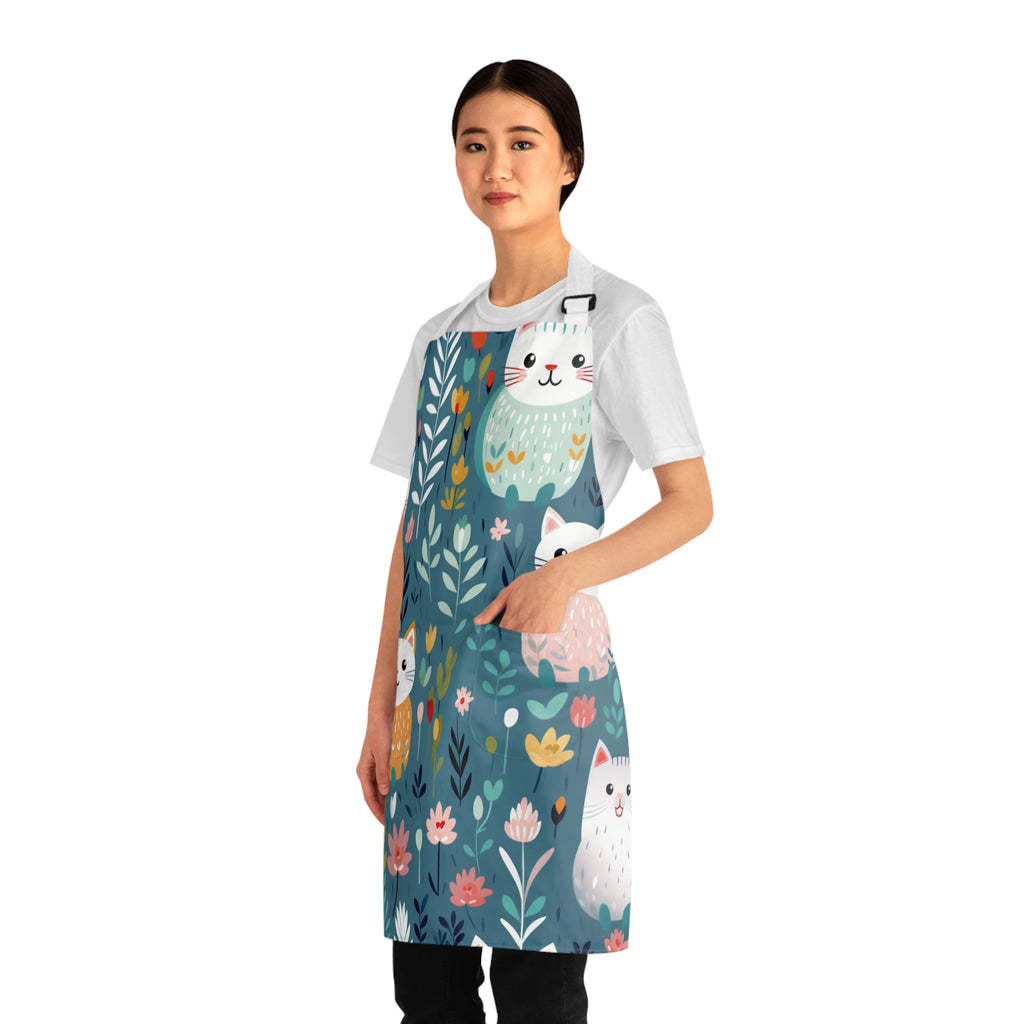 Model wearing a colorful apron with cat and floral design