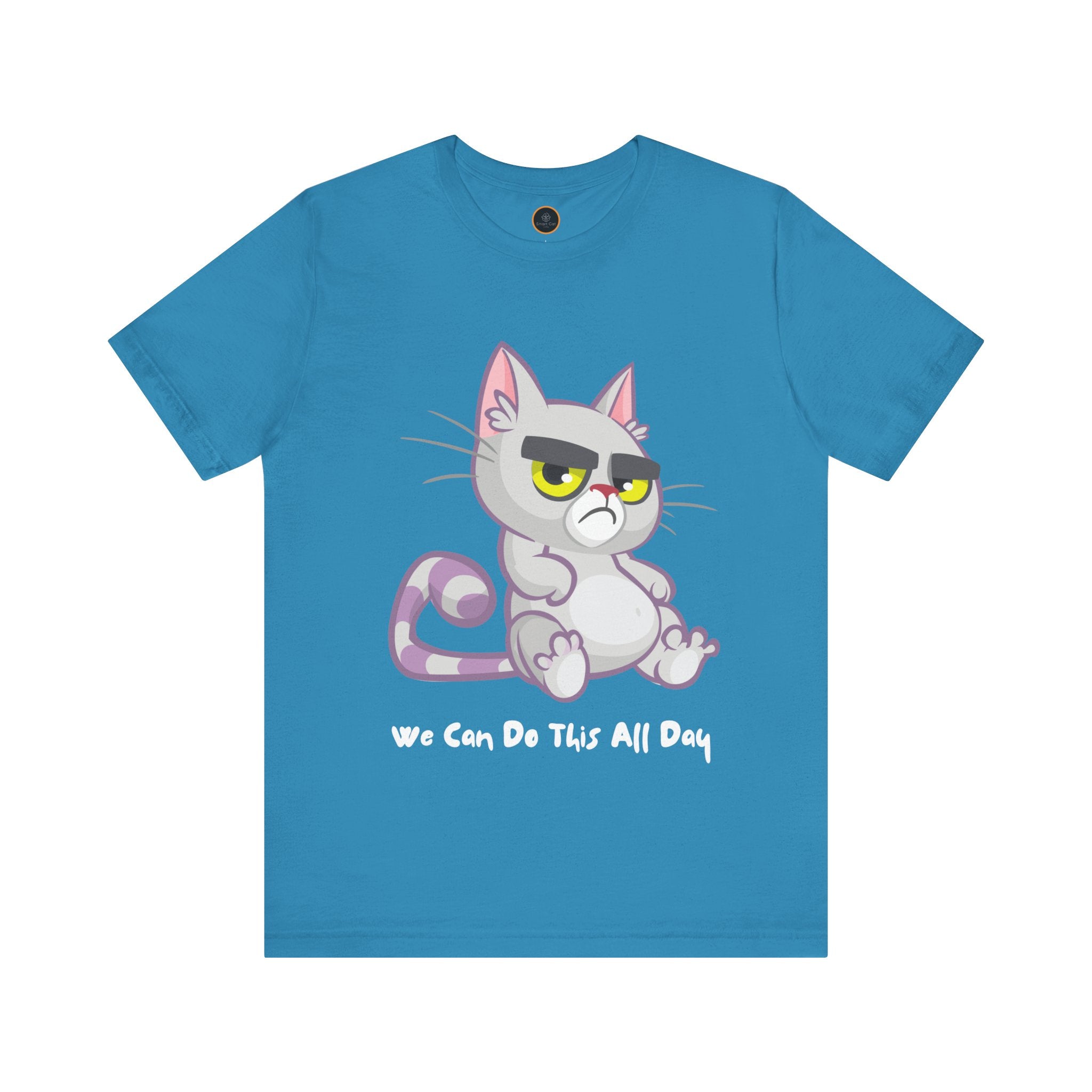 Graphic of a light purple, grumpy cat with big eyes and bushy eyebrows. The text below reads "We can do this all day" .
