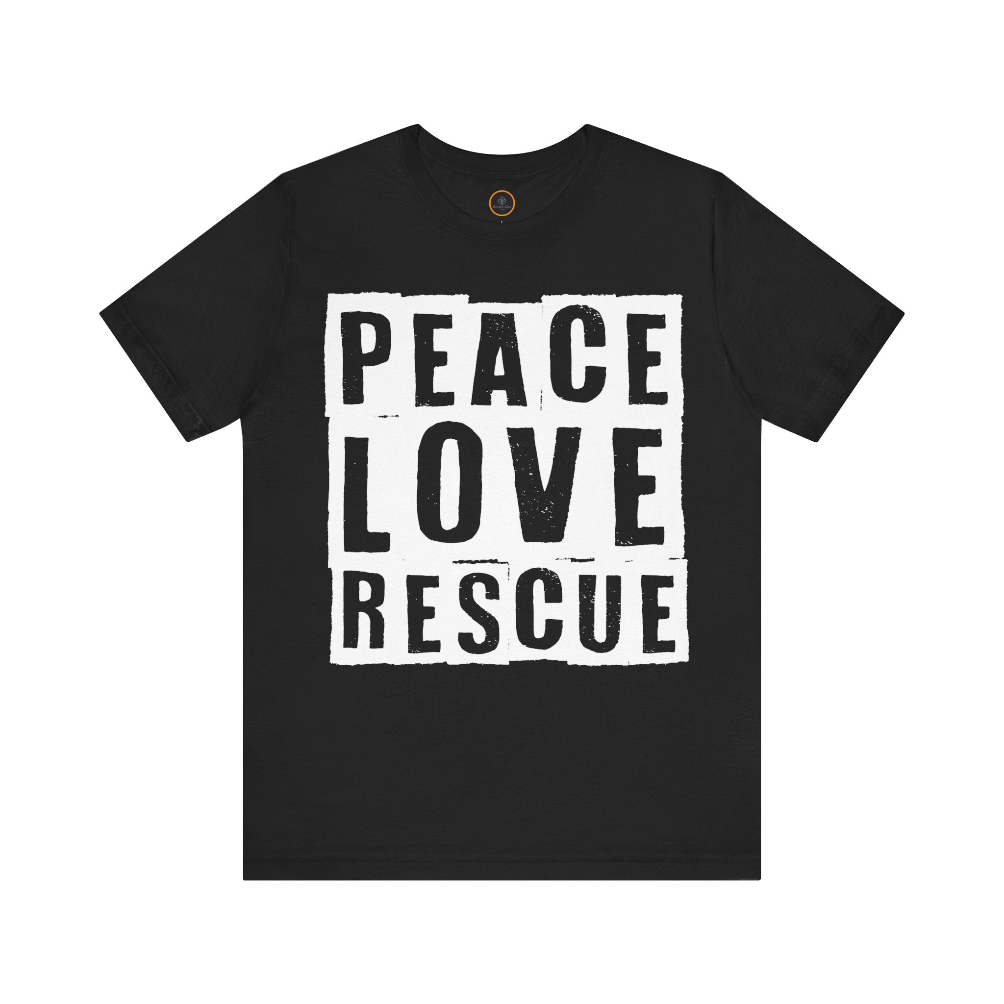 A black crew neck t-shirt with the text 'PEACE LOVE RESCUE' on it.