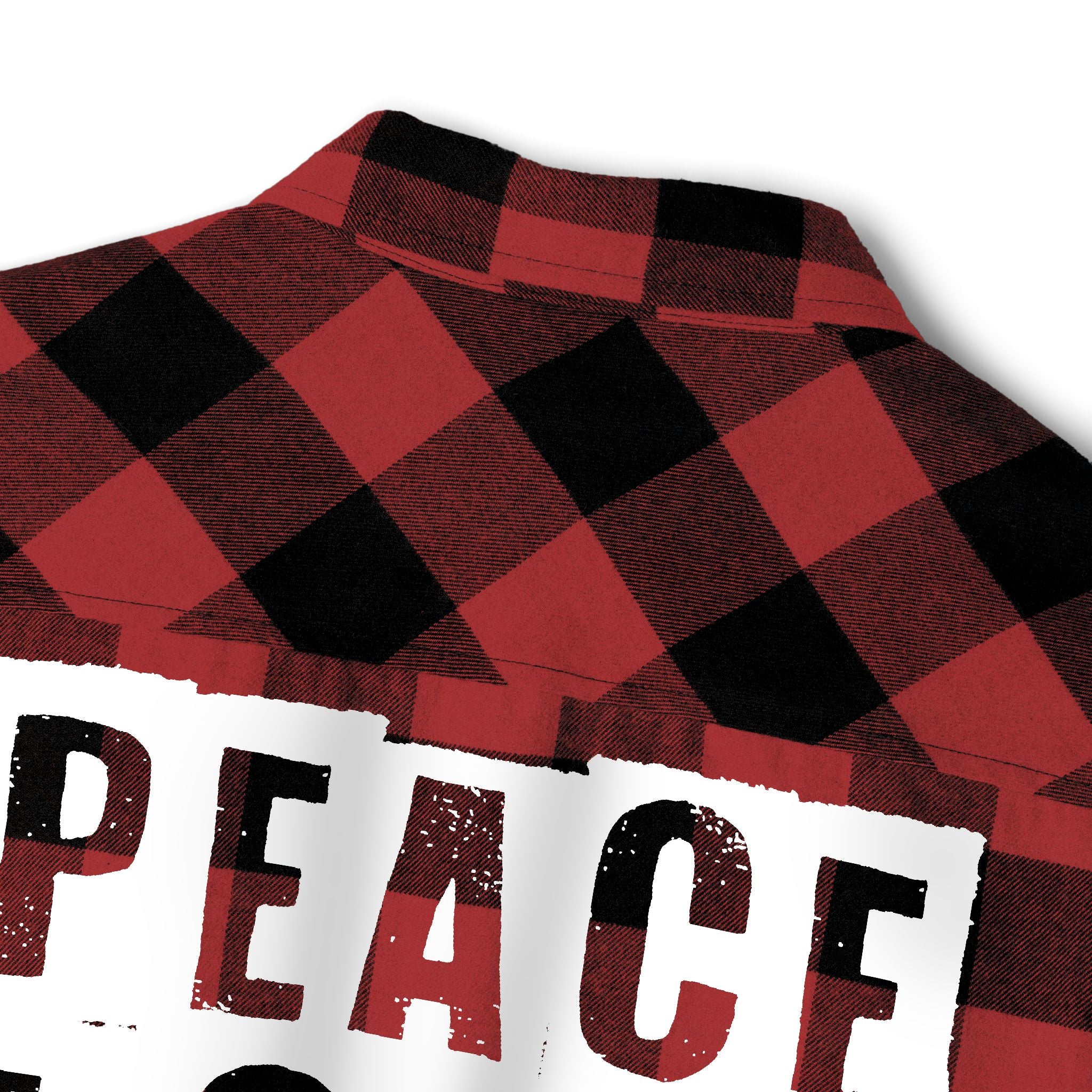 Partial back view of a red and black 'Peace, Love, Rescue' Flannel Shirt, with the phrase 'Peace, Love, Rescue' printed in bold across the back.