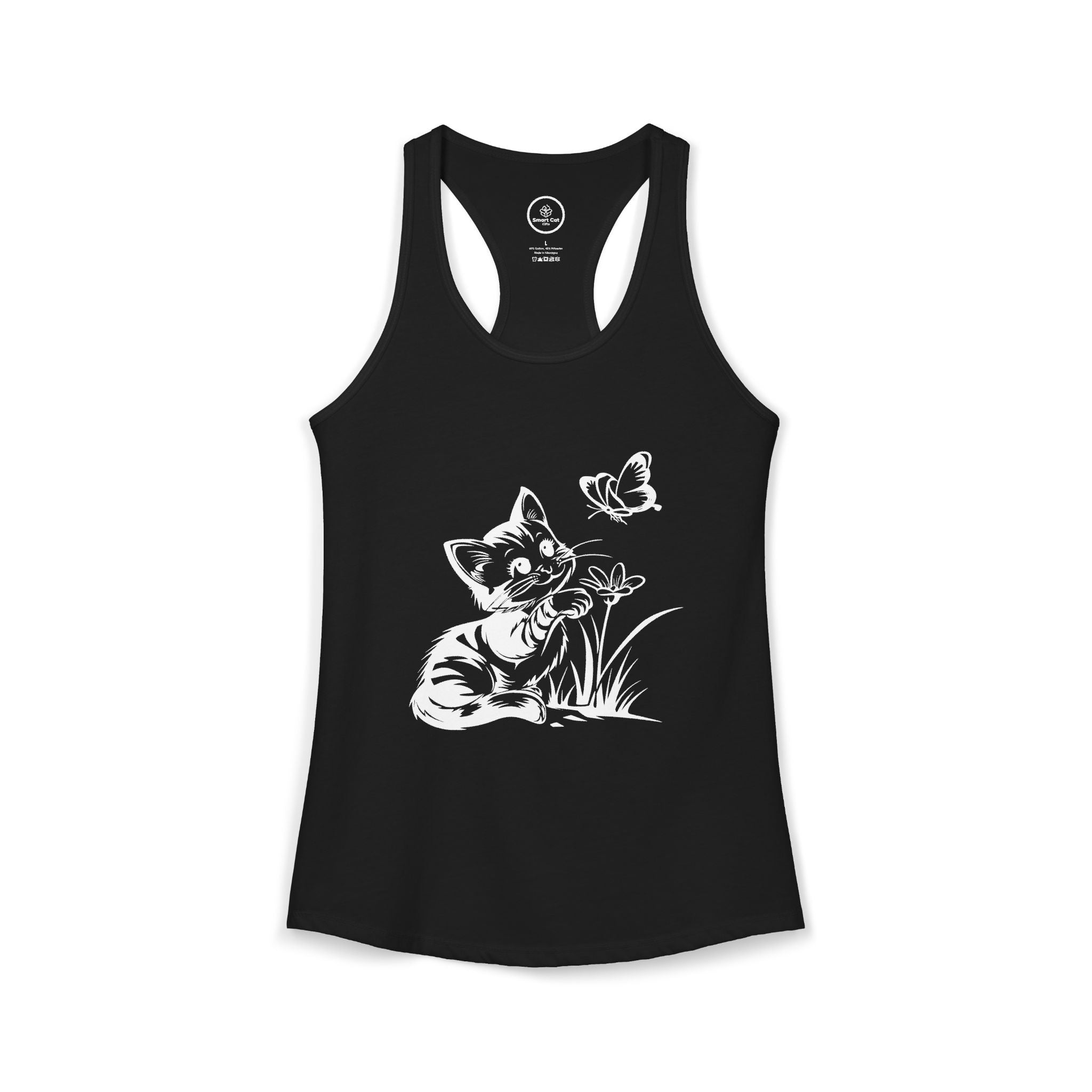 Black Butterfly Kitty Women's Racerback Tank Top — white line art kitten reaching for a butterfly.