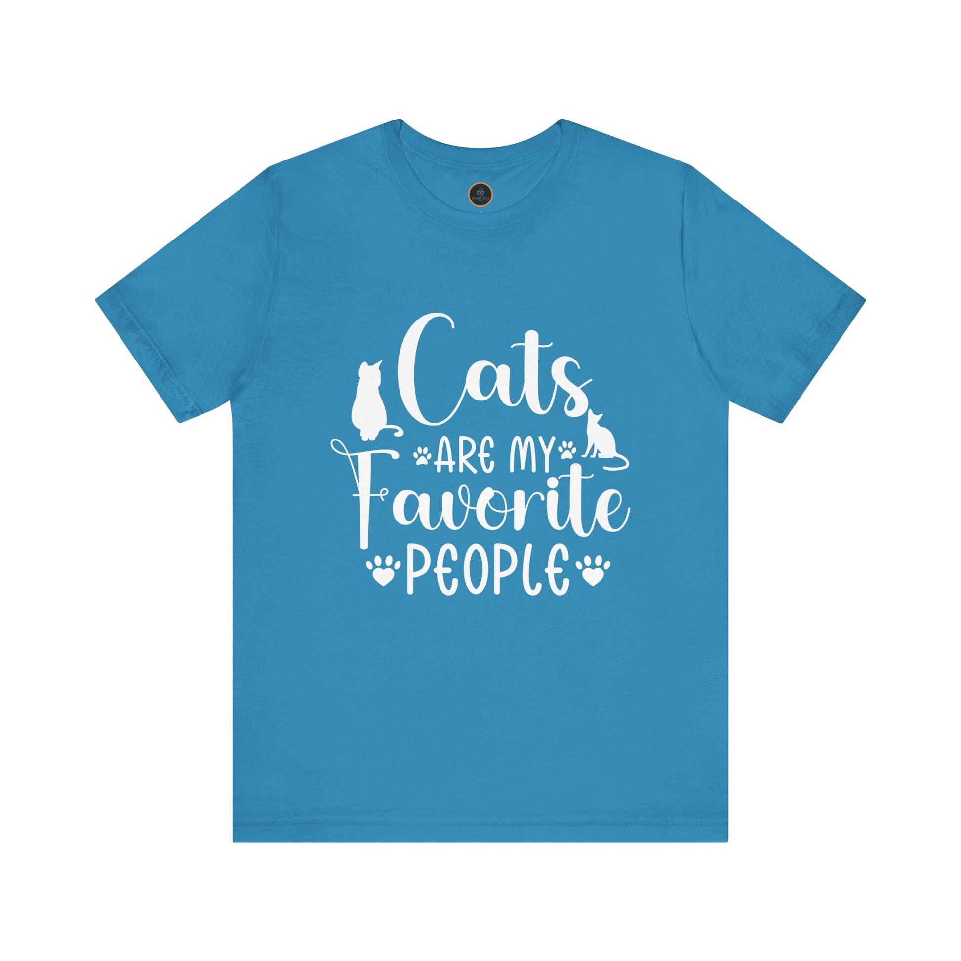 A t-shirt displays the text "Cats are my favorite people" in large letters, complemented by a design of four cat paw prints and two cat silhouettes.