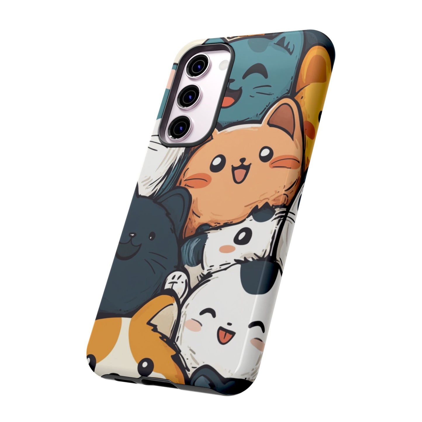 Multi-colored phone case with clustered, smiling Kawaii-style cat faces.