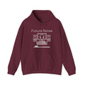 Maroon Future Noise hoodie: Outline graphic of a home music studio (speakers, headphones, computer) with a cat peeking from the bottom left.