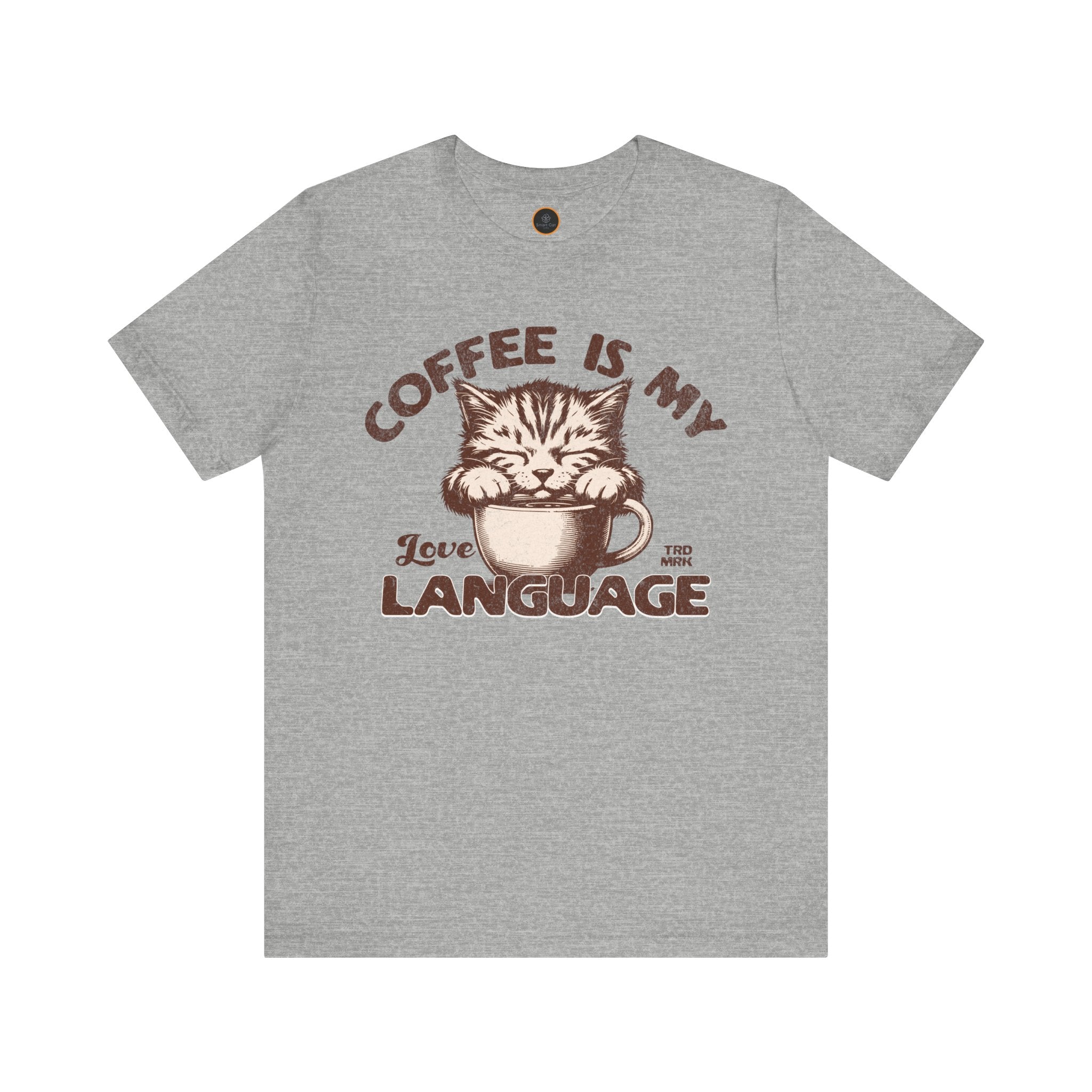 A  crew neck t-shirt with the text 'COFFEE IS MY LANGUAGE' and a graphic of a cat.