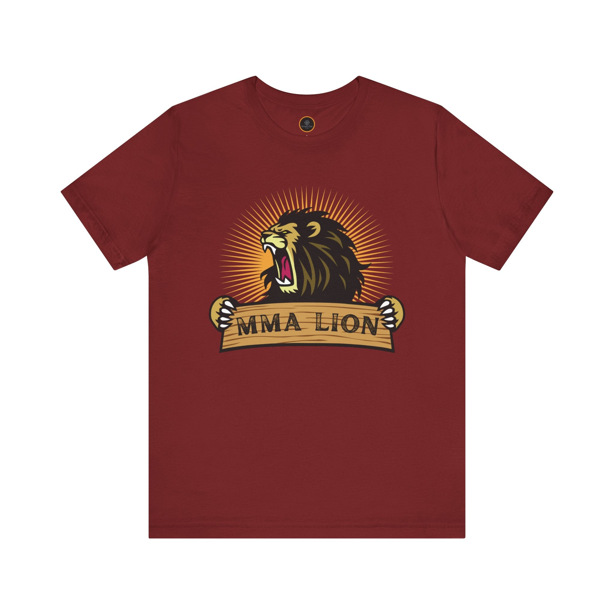 MMA Lion T-shirt: Features a graphic of a powerful, radiant, male lion roaring while appearing to stretch a wooden plank with "MMA Lion" written on it.