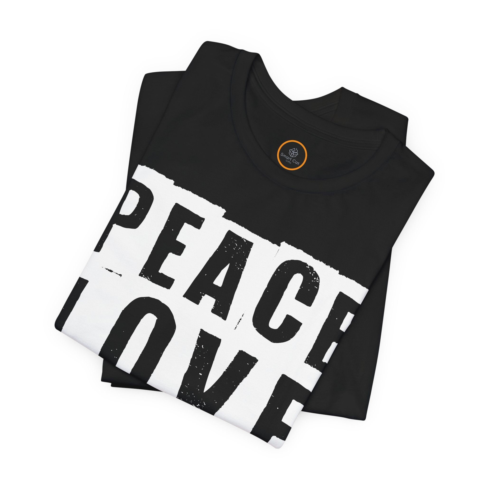 A black crew neck t-shirt with the text 'PEACE LOVE RESCUE' on it.