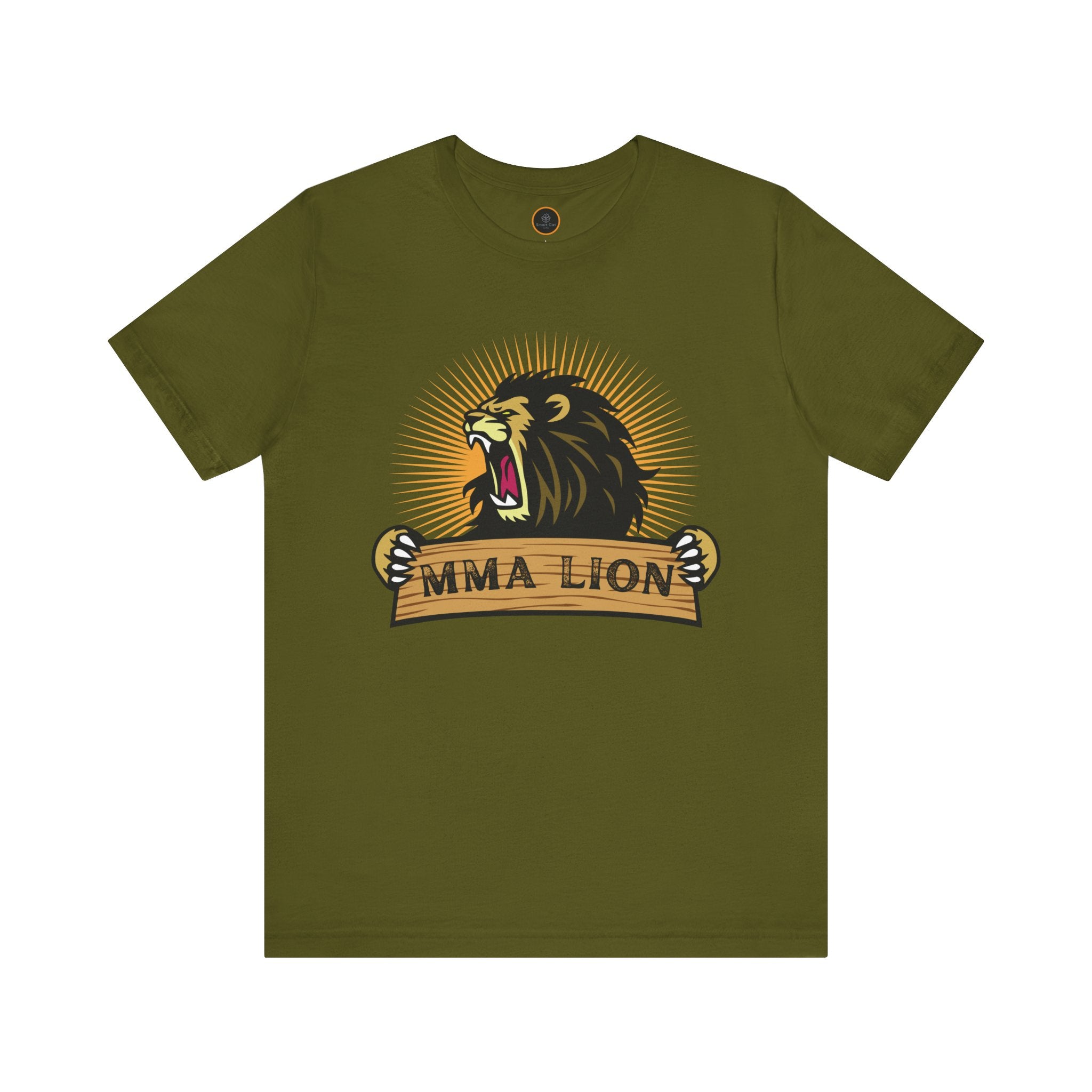 MMA Lion T-shirt: Features a graphic of a powerful, radiant, male lion roaring while appearing to stretch a wooden plank with "MMA Lion" written on it.