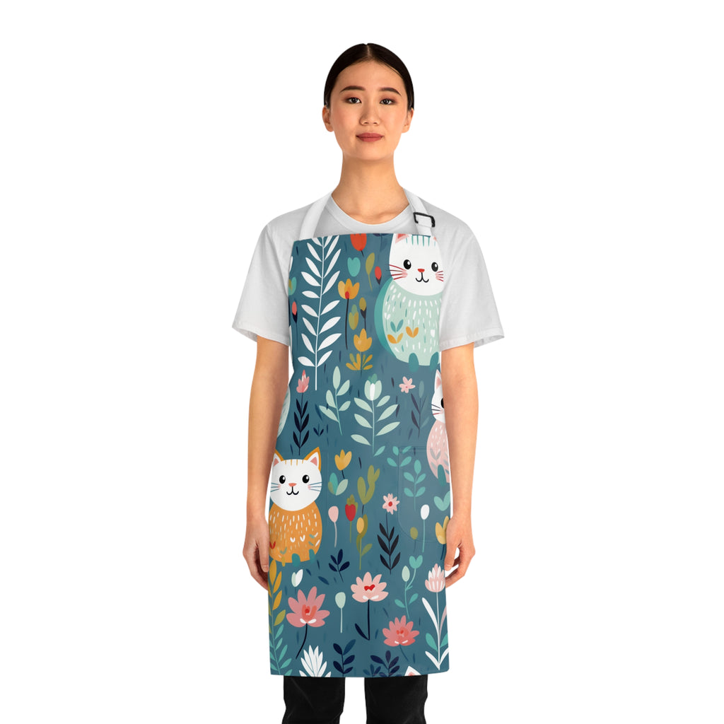 Model wearing a colorful apron with cat and floral design