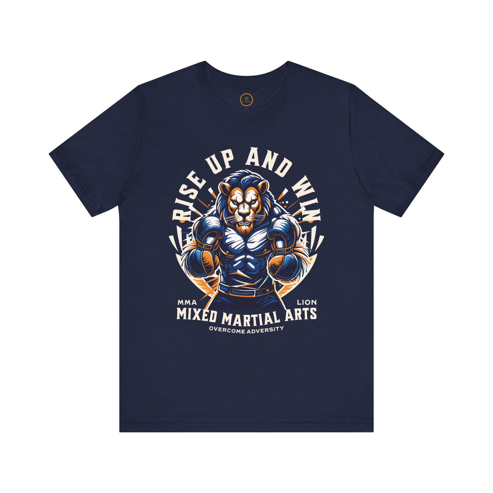 Blue t-shirt featuring a powerful lion graphic in a ready-to-fight stance with inspiring 'Rise Up and Win' text.