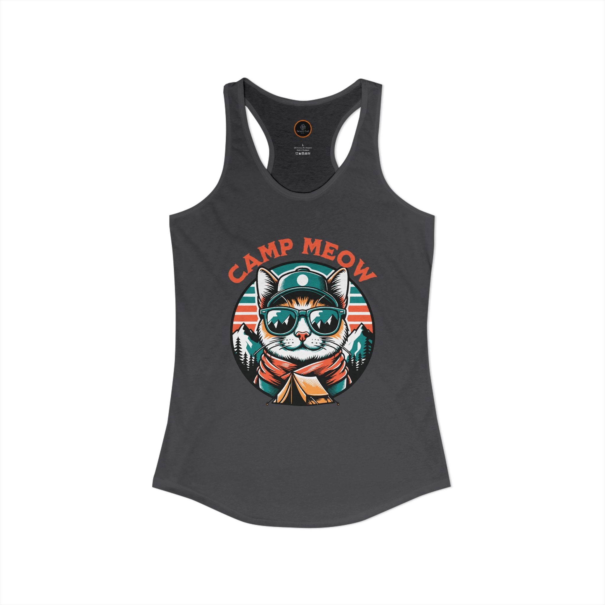 Dark gray Camp Meow Racerback Tank — retro cat in sunglasses and scout uniform, mountain landscape behind.