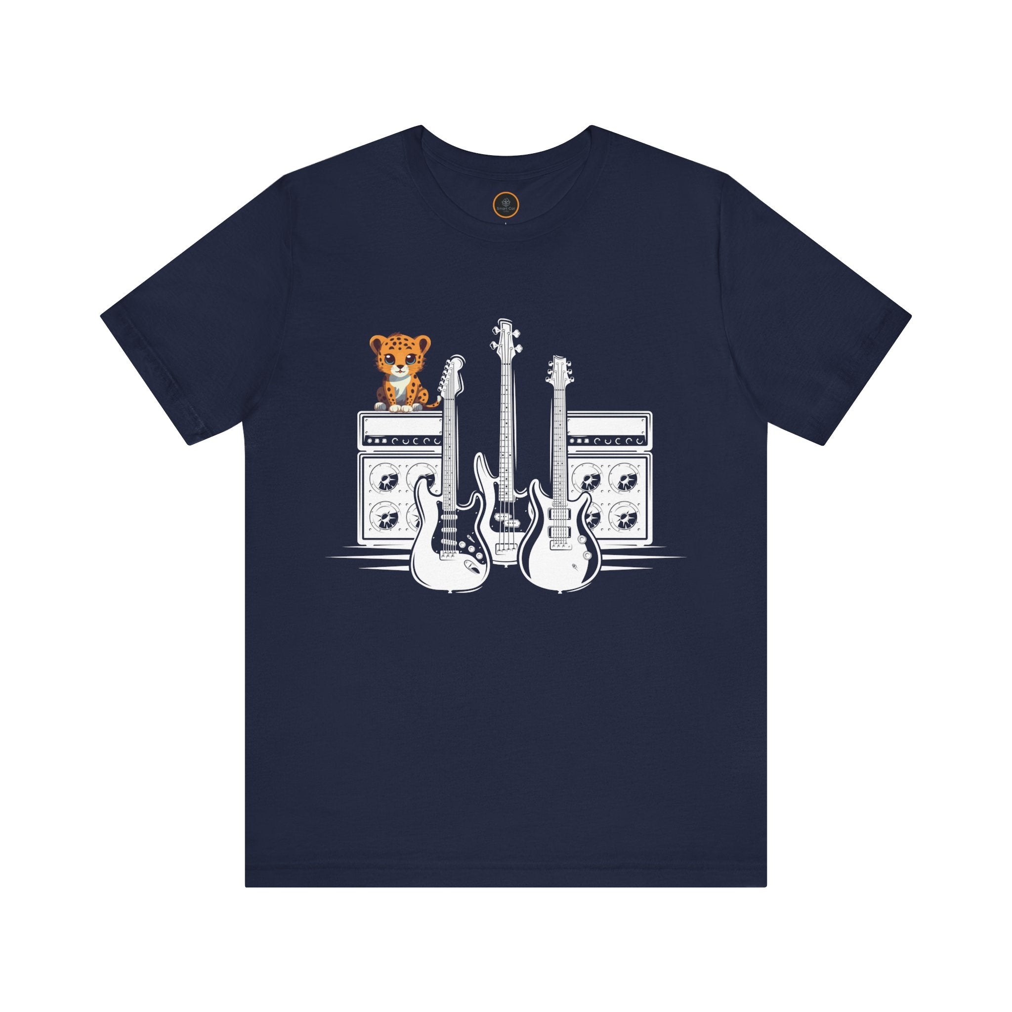 Cute baby leopard sitting on guitar amps with guitars - Riff Master music lover t-shirt design