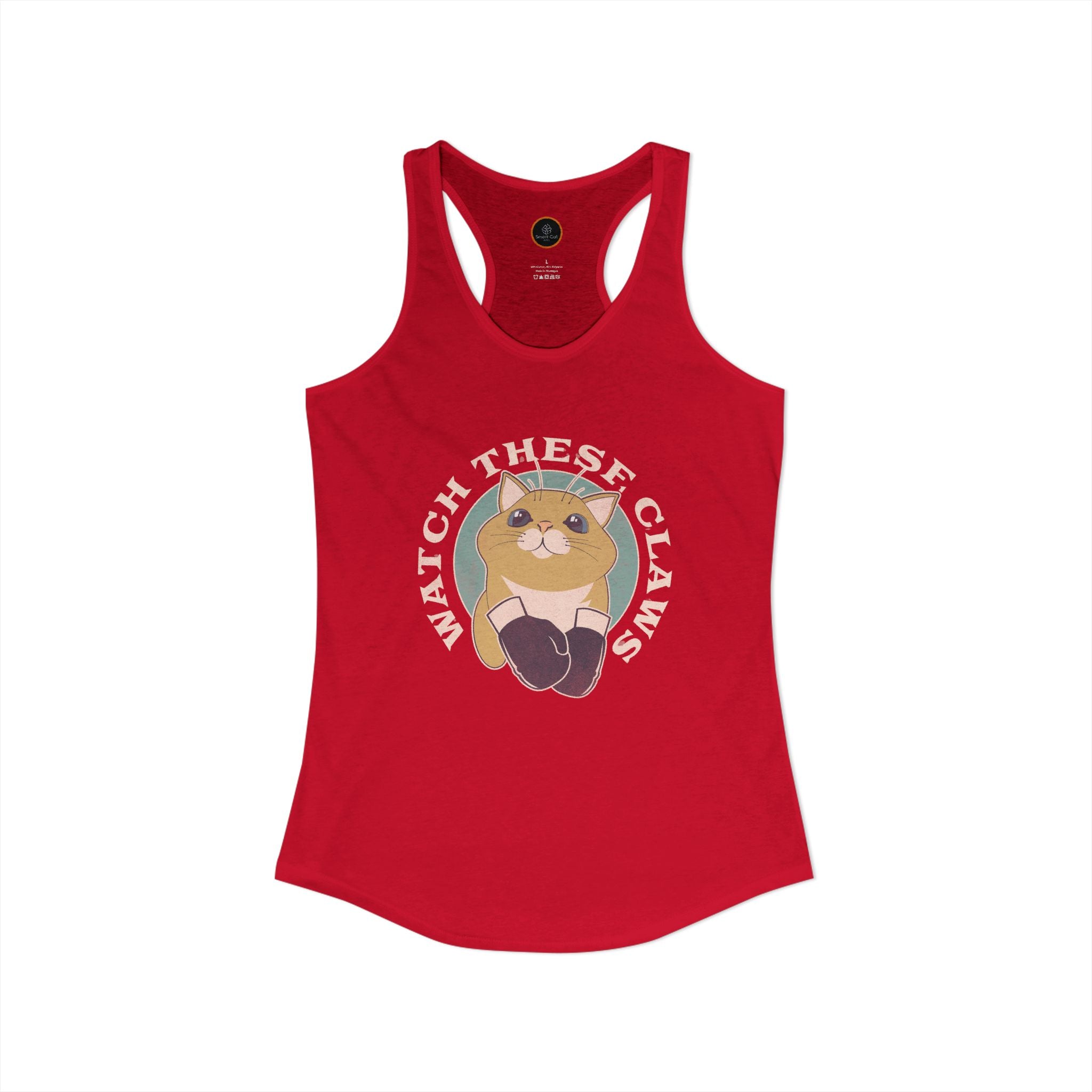 Red Watch These Claws tank top, graphic of a cat wearing boxing gloves.