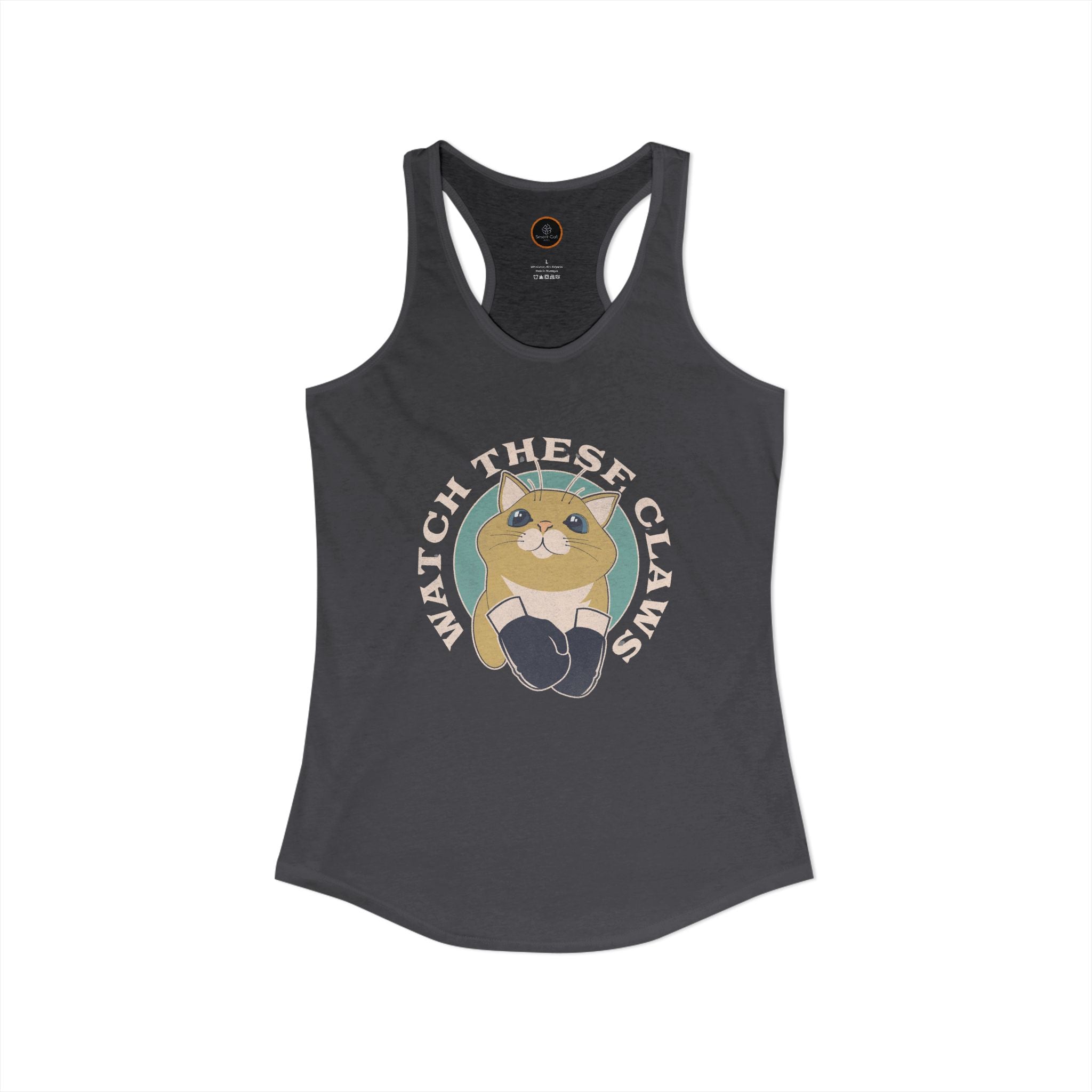 Dark gray Watch These Claws tank top, graphic of a cat wearing boxing gloves.