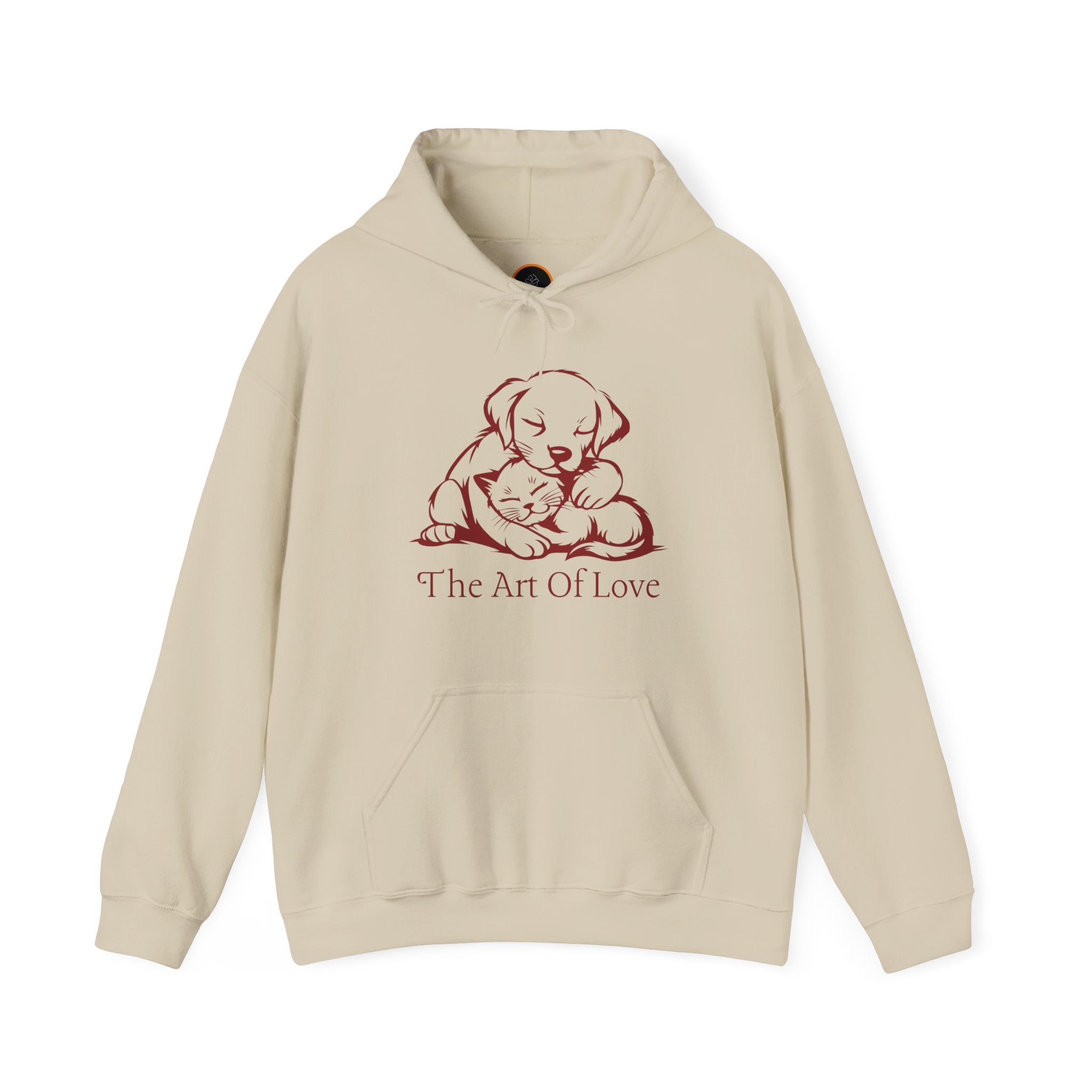 "The Art Of Love" Hoodie: Features a simple line art drawing of a puppy gently embracing a kitten. Below the illustration is the text "the art of love" 