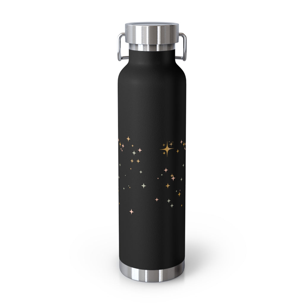 Back view of a black water bottle with a star pattern design.