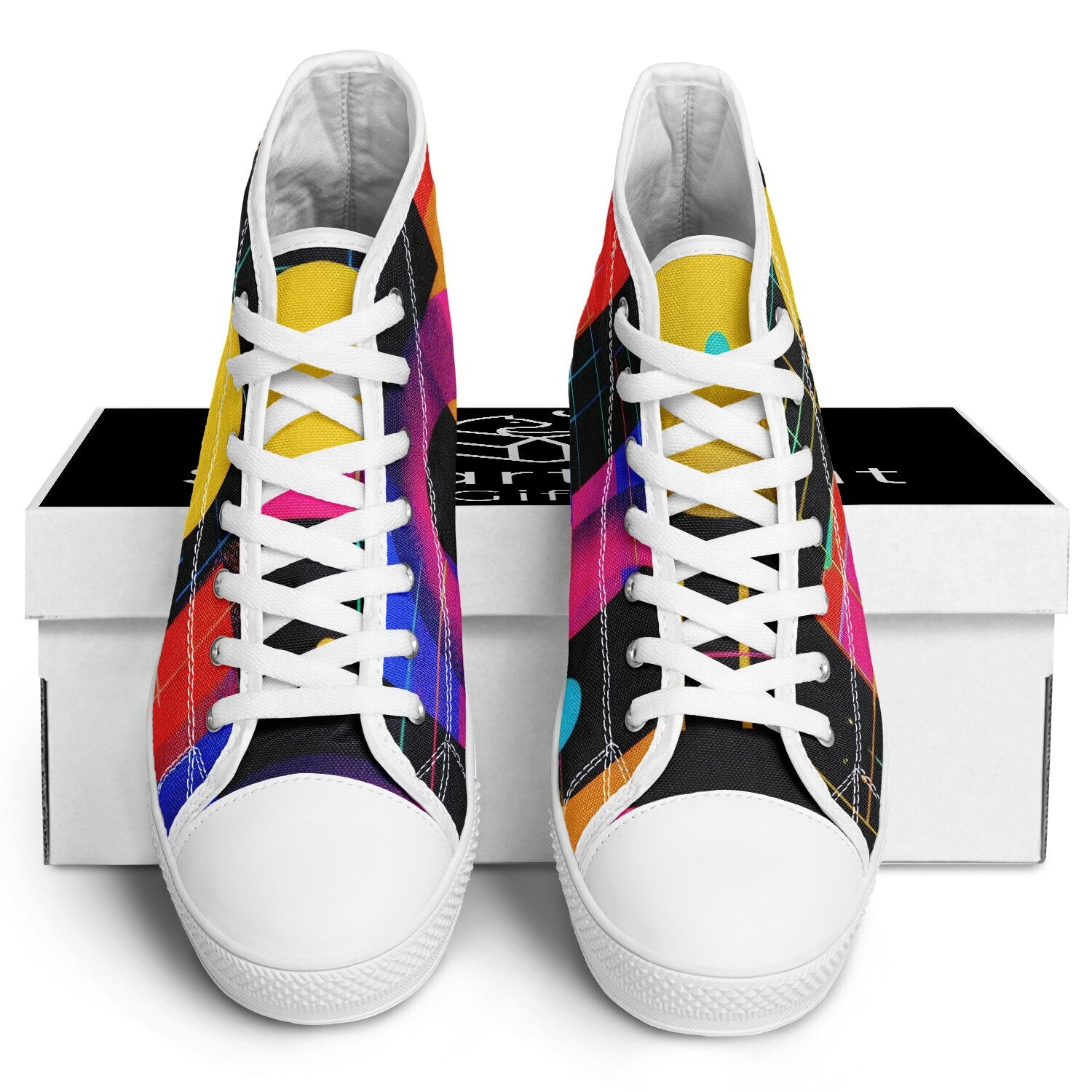 Retro Cheetah high top sneakers on shoe box: cheetah in mid-run, retro all-over print on black  background with yellow, red, hot pink, blue, shapes and lines.