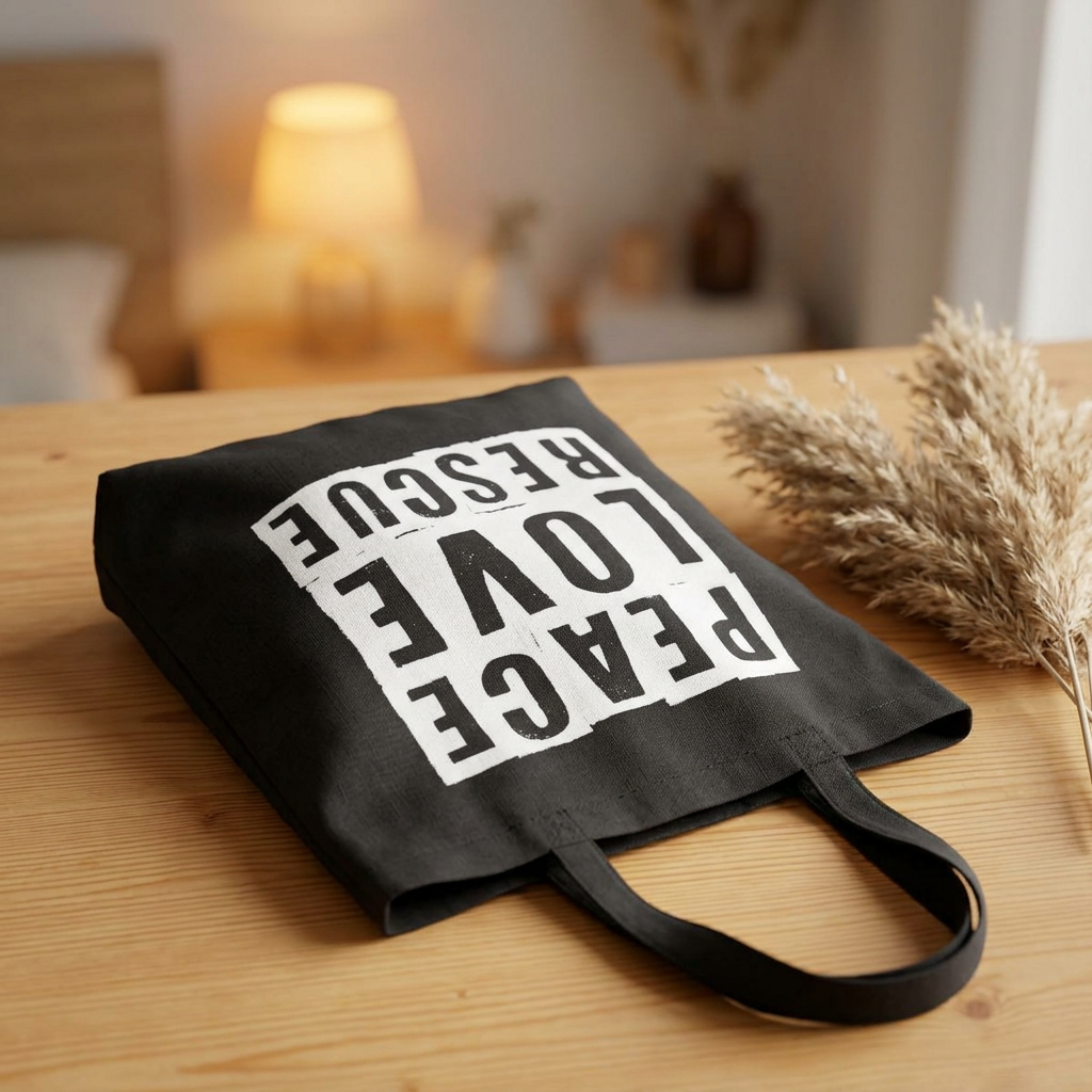 Black canvas tote with Peace Love Rescue graphic, flat lay on wooden surface
