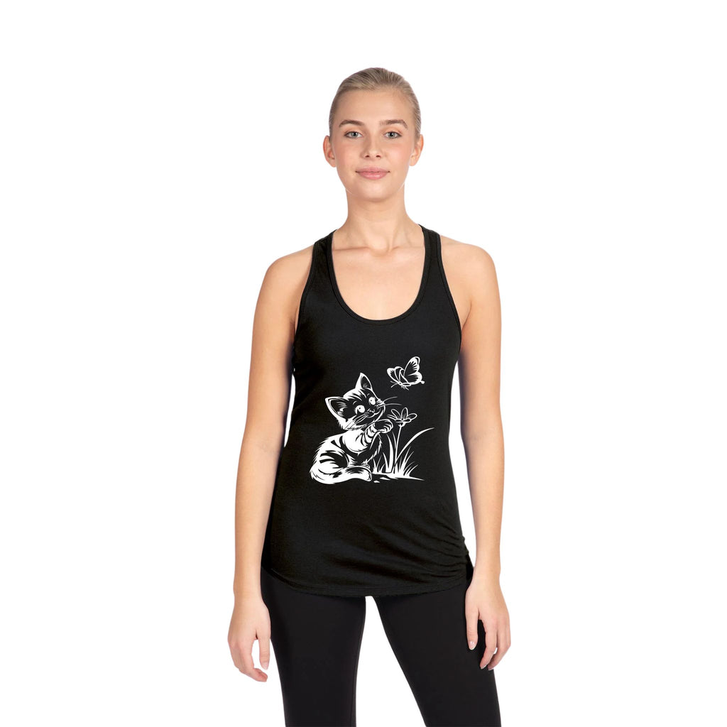 Model wearing the black Butterfly Kitty Racerback Tank — white line art kitten chasing a butterfly.