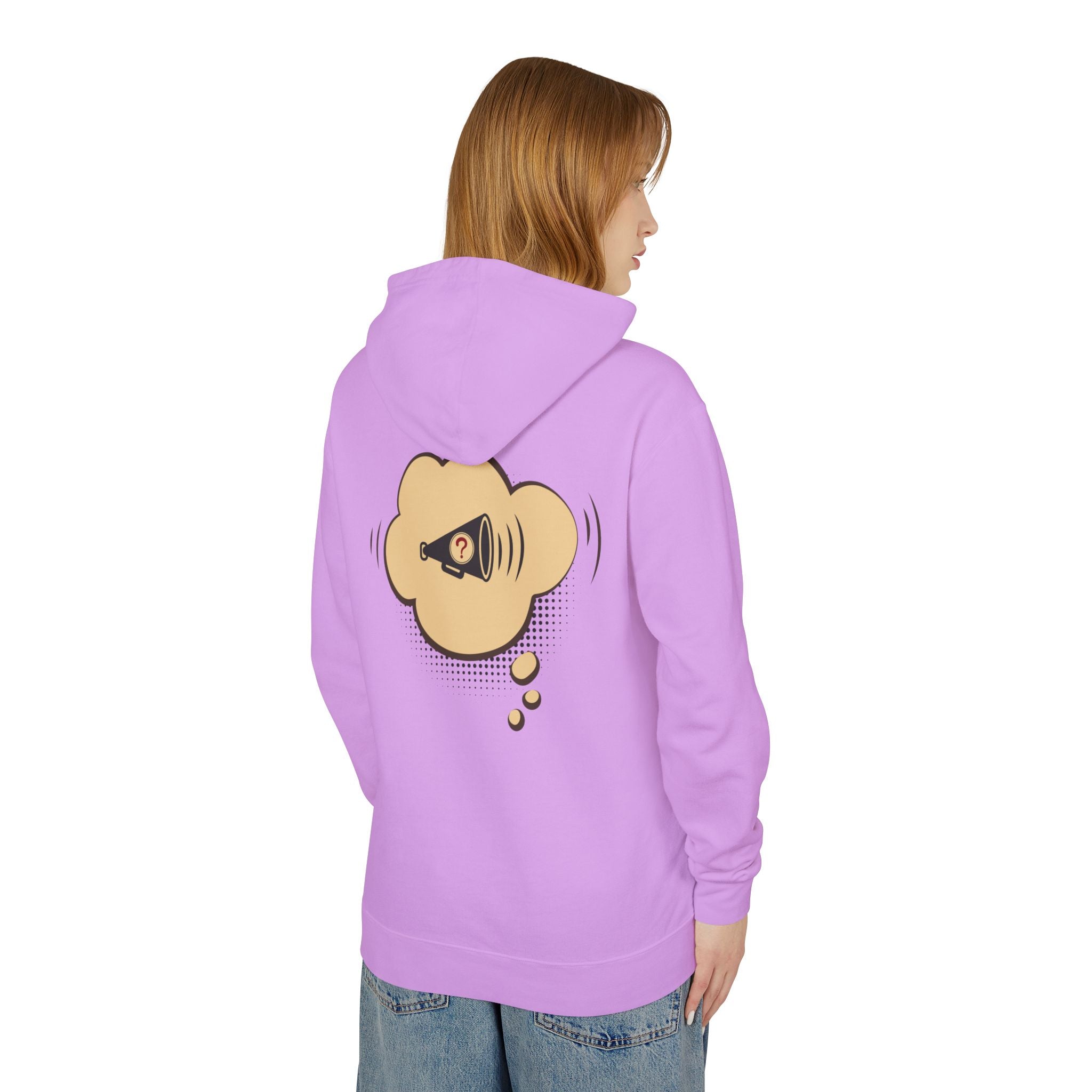 Woman in a purple 'Everyone Was Thinking It...' hoodie with a back graphic of a megaphone in a thought bubble.
