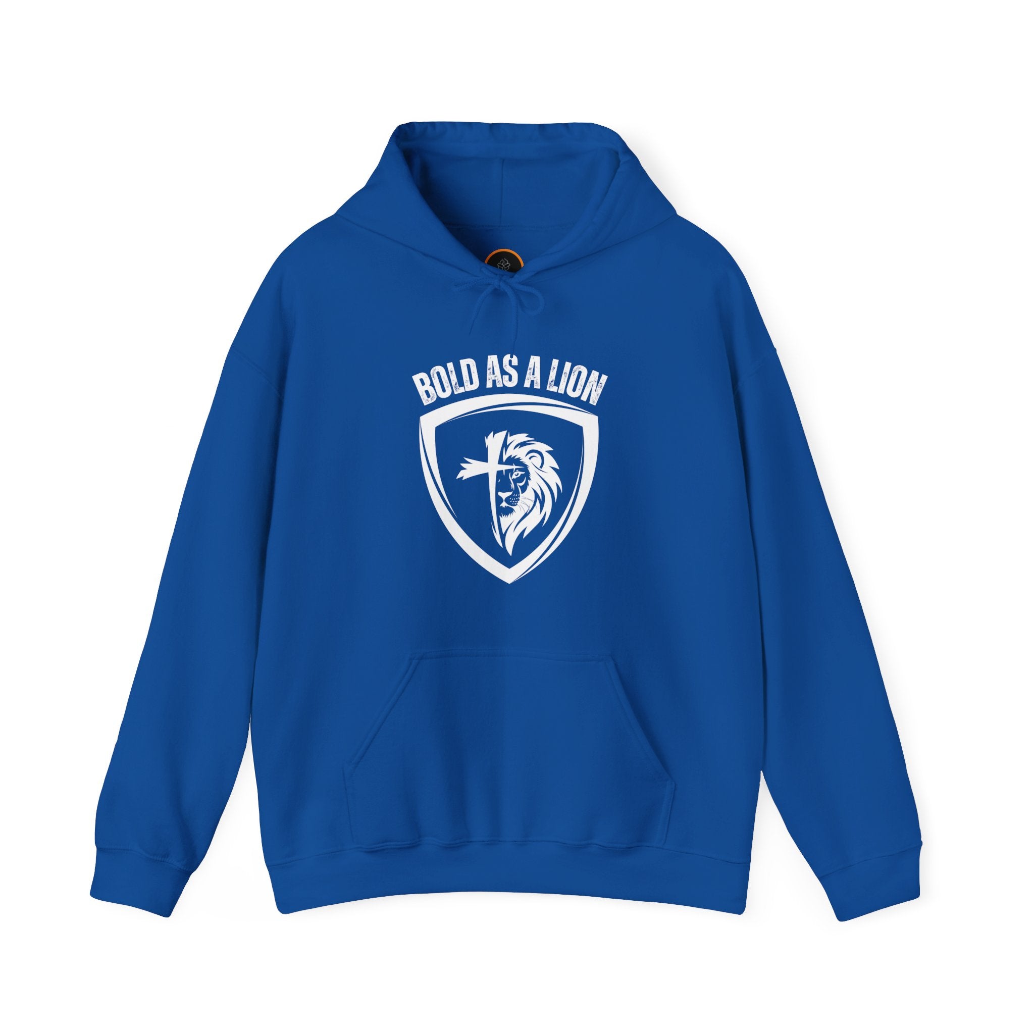  Bold As A Lion Hoodie: The hoodie features a graphic with half of a lion's face merging into half of a cross within a shield outline. The text "bold as a lion" is printed above the graphic.