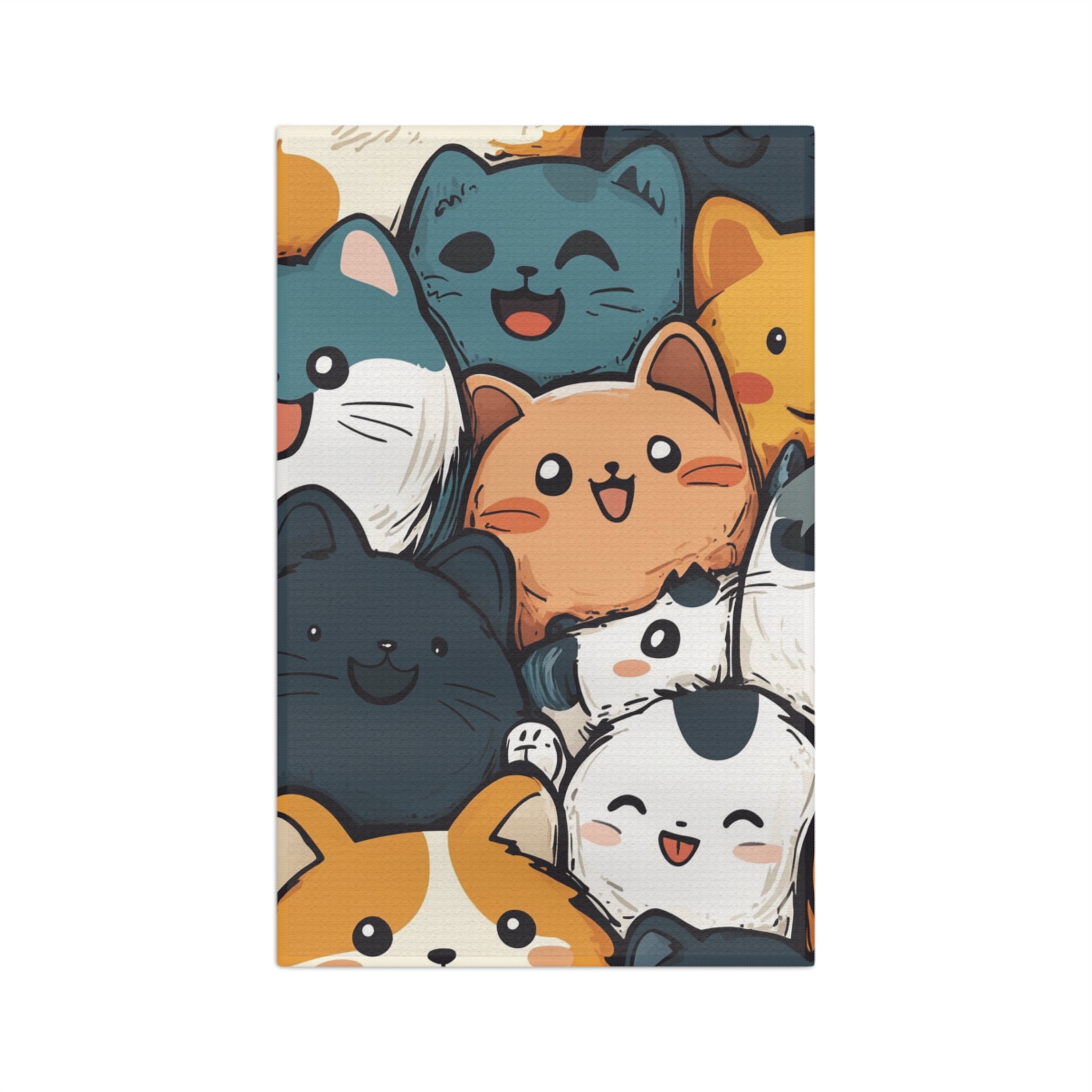 White Kawaii Party Microfiber Tea Towel with colorful cat party graphic, vertical.