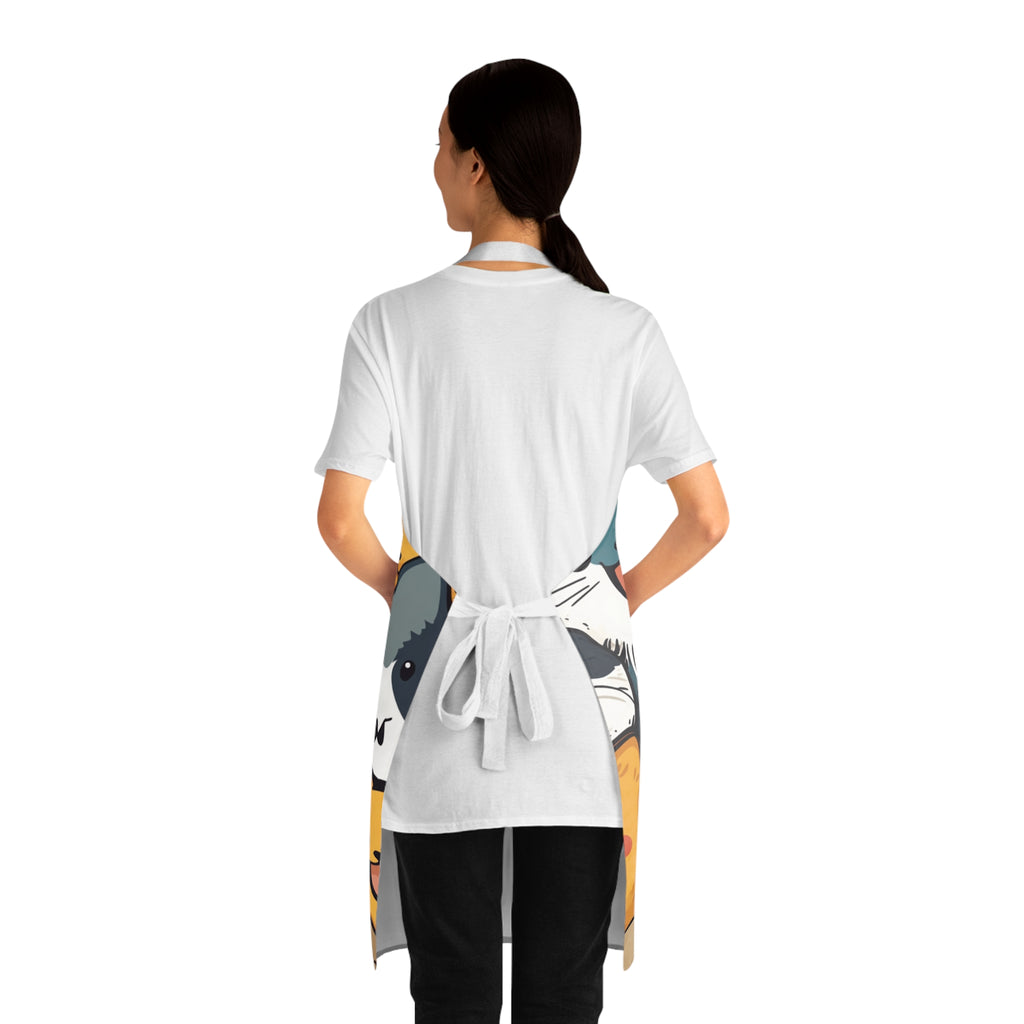 Back view of a woman wearing an apron with colorful designs